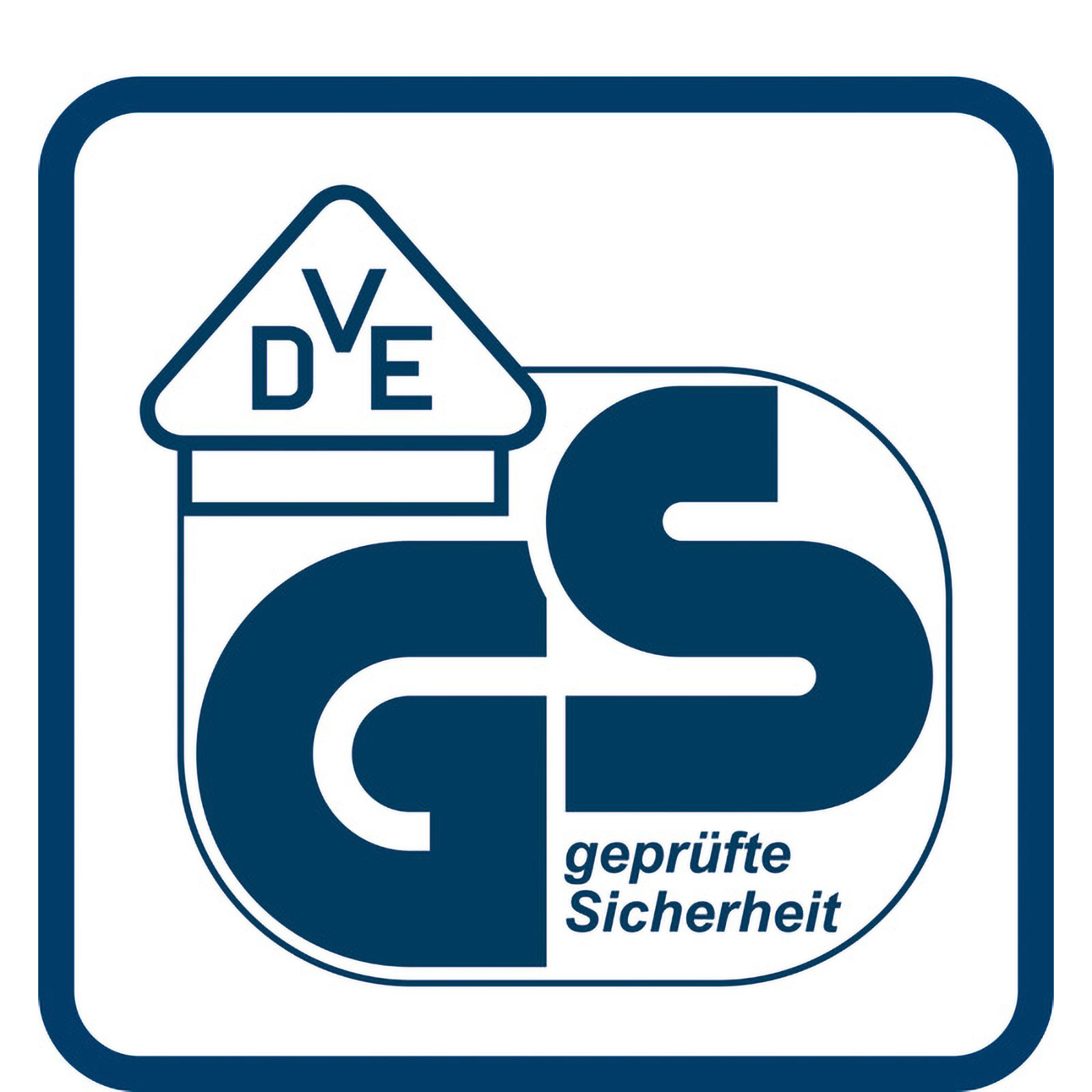 DVE logolu, yuvarlak kare içinde mavi ve beyaz GS işareti, 'geprüfte Sicherheit' yazısı.