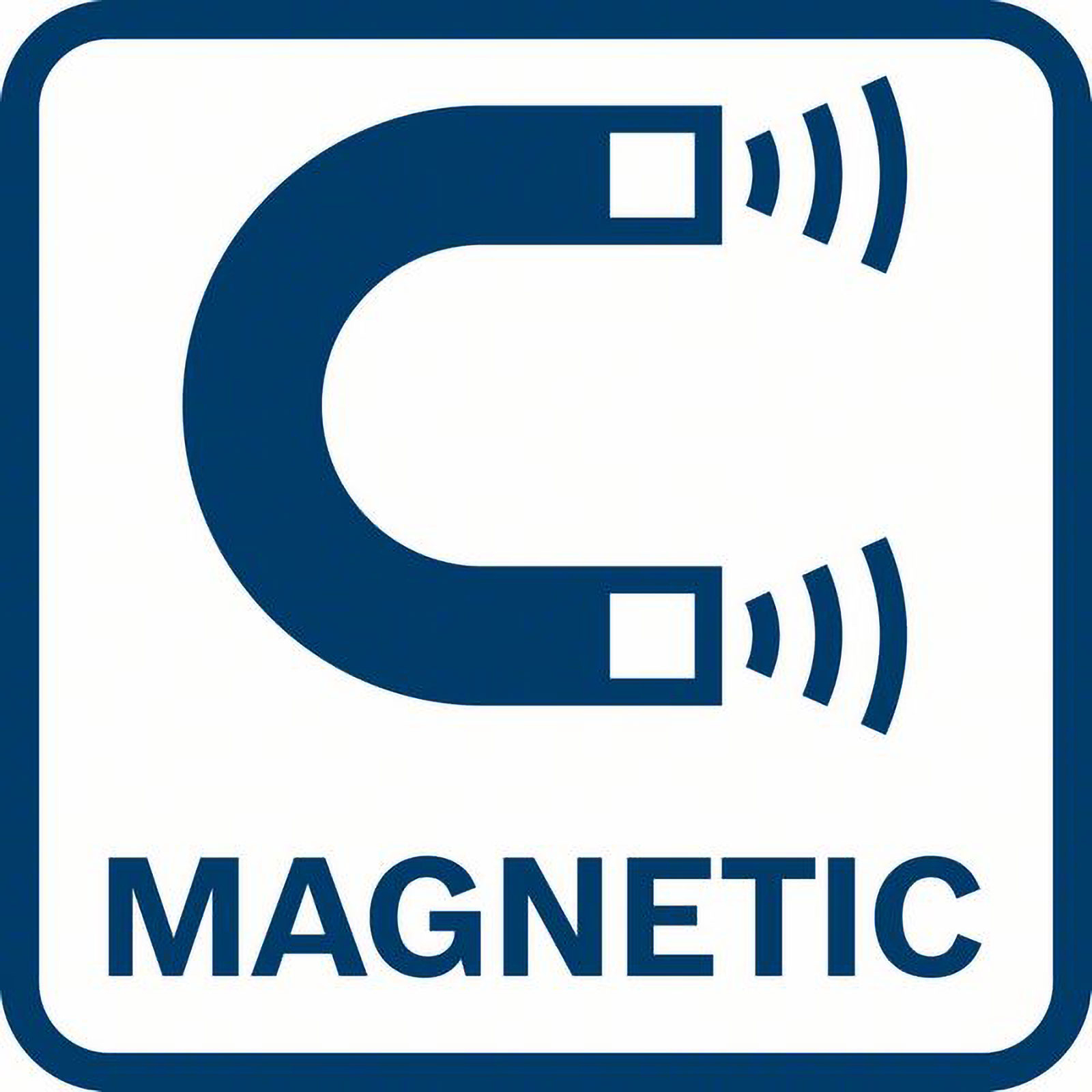 Beyaz bir kare içinde mavi manyetik sembol. Altında MAGNETIC kelimesi var. Sembol C şeklinde ve dalgalara sahip.