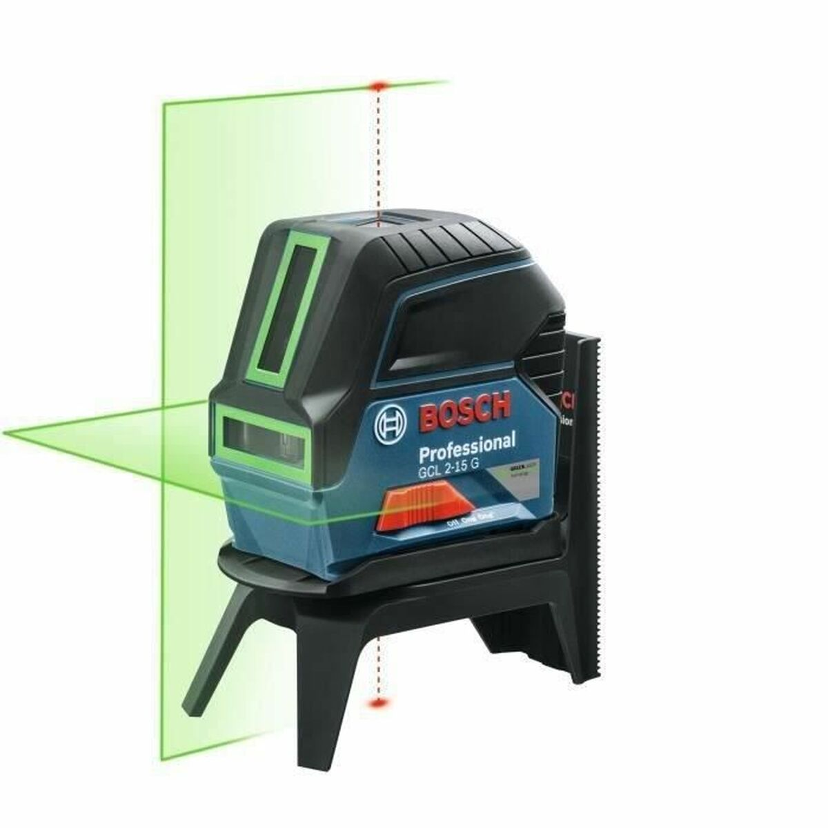 Un livello laser Bosch GCL 2-15 G. È nero e blu, proietta linee verdi. Si trova su un supporto nero. Lo sfondo è bianco.