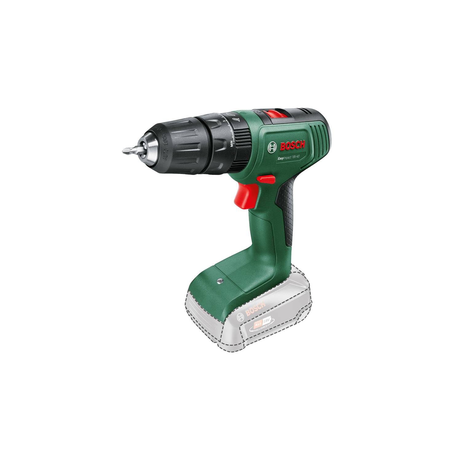 Yeşil ve siyah bir Bosch EasyImpact 18V-40 akülü matkap. Kırmızı bir tetiği var ve gri bir pil paketinin üzerinde duruyor.