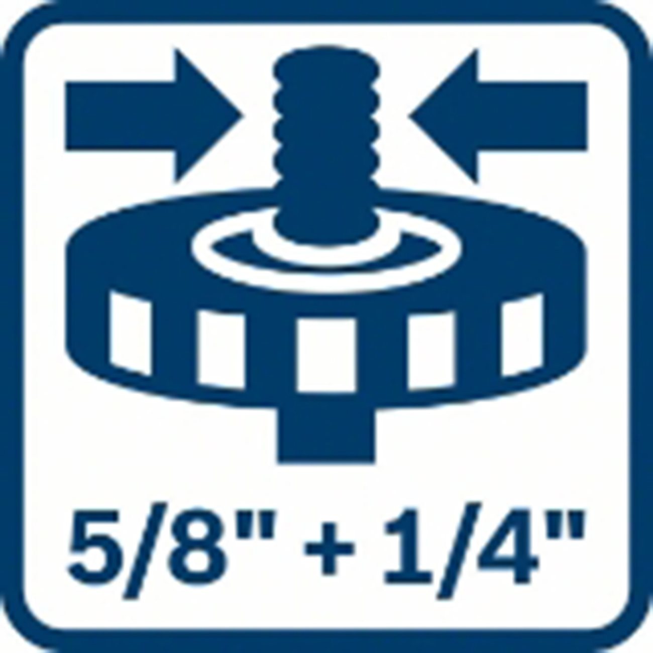 Grafica blu e bianca con vite e frecce. Testo: '5/8" + 1/4"'.