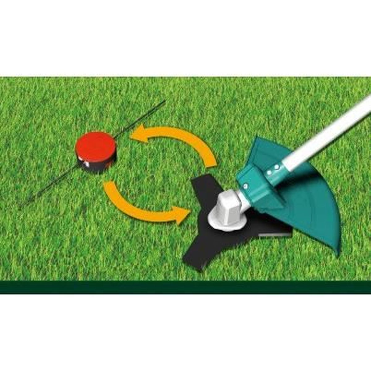 Diagramm eines Rasentrimmers mit Klinge, Kopf und Faden. Pfeile zeigen die Schneidwirkung auf grünem Rasen.