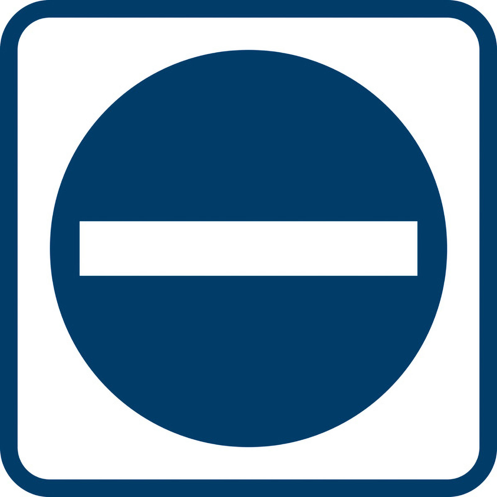 Blaues, quadratisches Straßenschild mit weißem horizontalen Balken, bedeutet Einfahrt verboten.