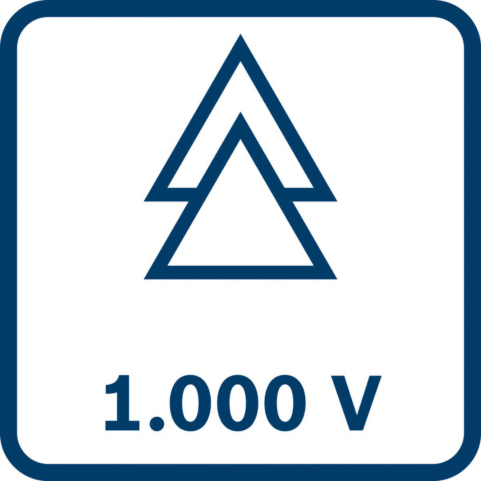Blaues Quadrat mit Weiß. Zwei nach oben zeigende Dreiecke und Text '1.000 V' in Blau.