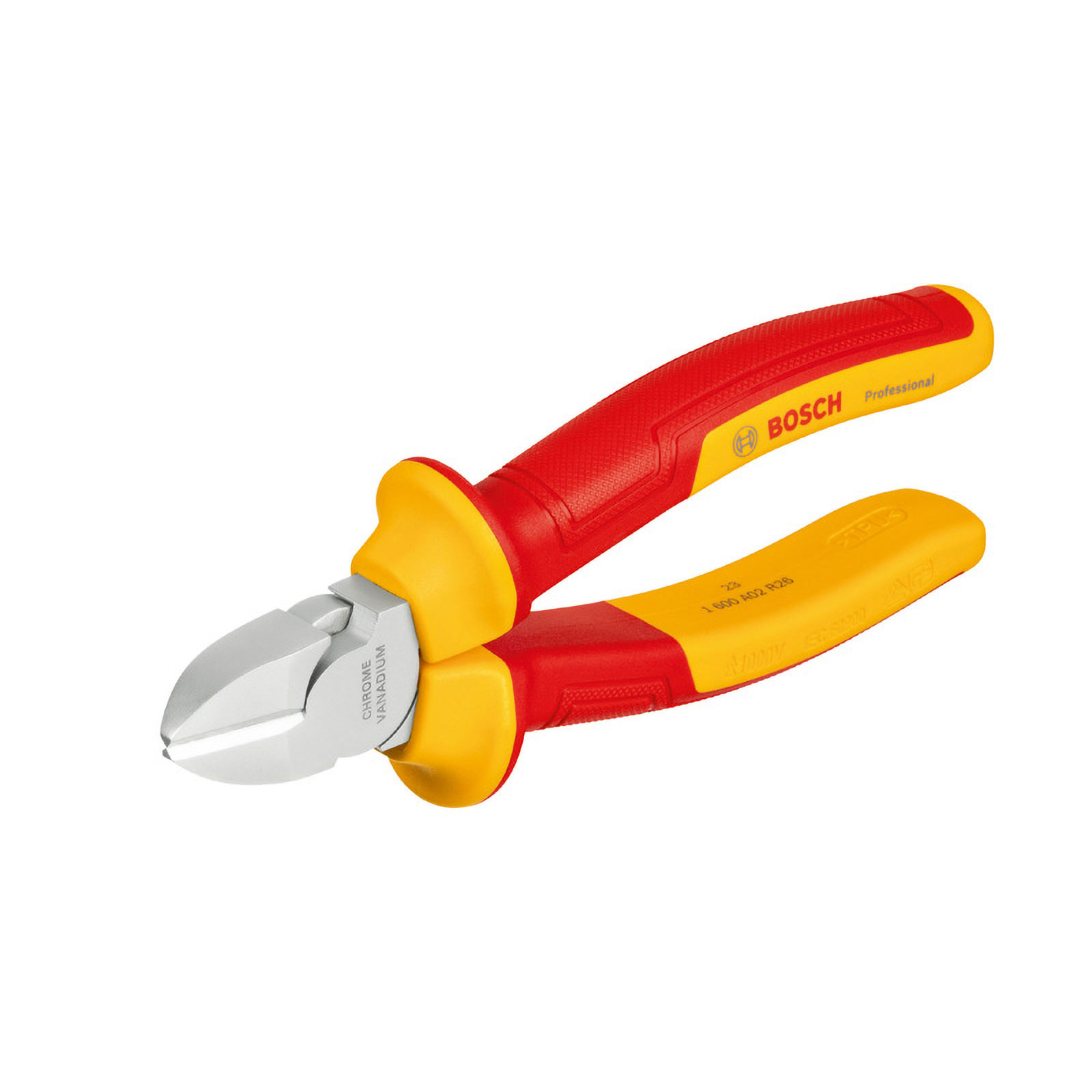 Eine rote und gelbe Bosch-Zange, Chrom-Vanadium, vor weißem Hintergrund. 'Bosch Professional' ist sichtbar.