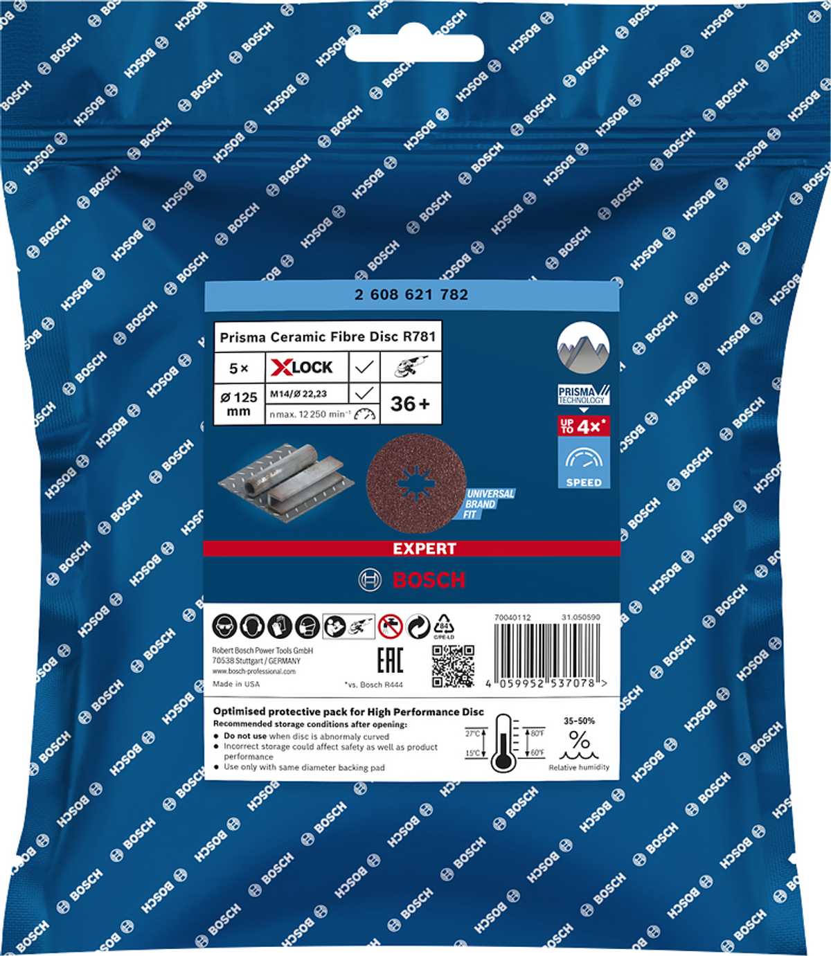 Bosch Prisma seramik fiber disk paketi. Mavi ambalaj, ürün detayları ve kahverengi disk görünür.