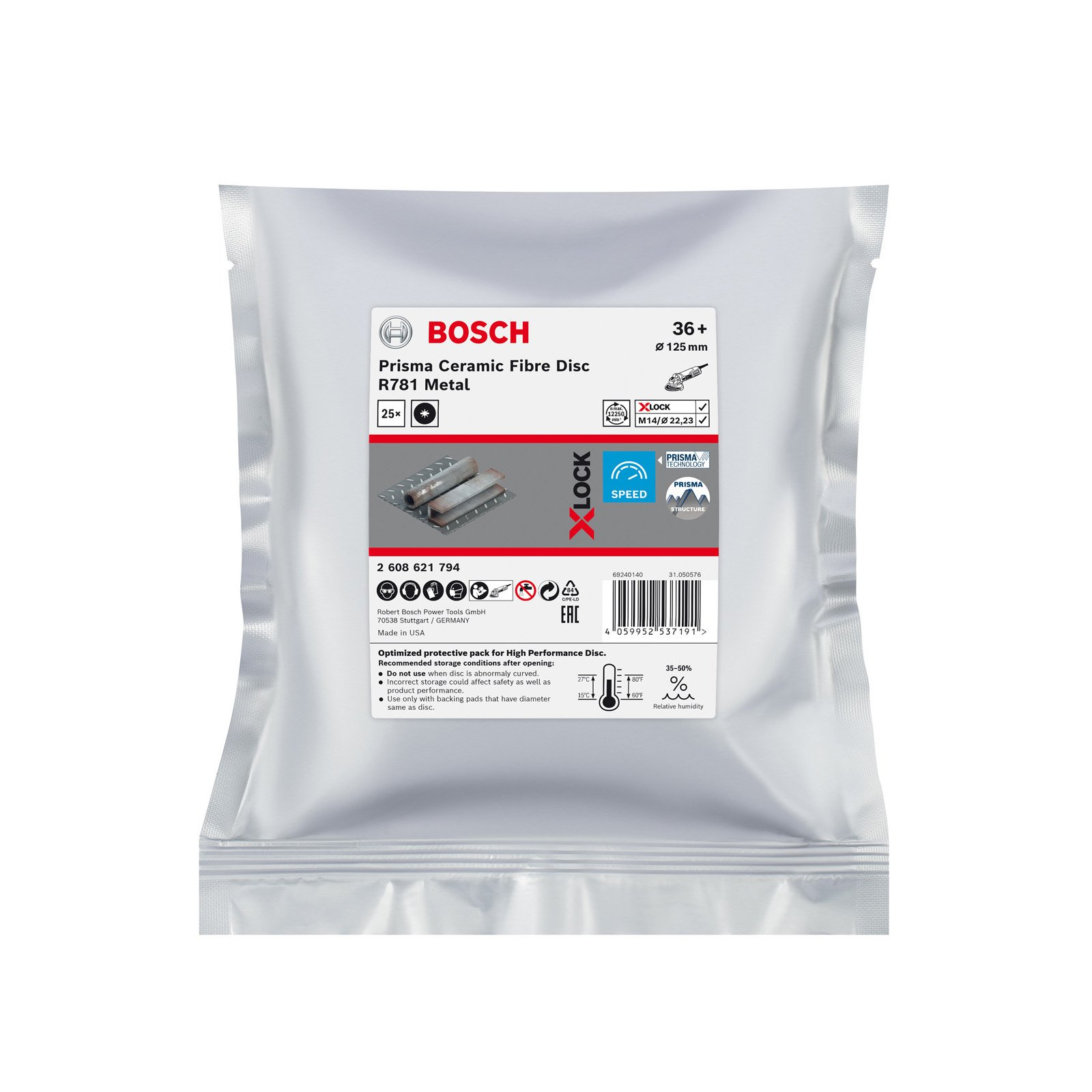 Bir Bosch paketi, Prisma Seramik Fiber Disk R781 Metal. Paket beyaz ve ürün bilgileri içeriyor.