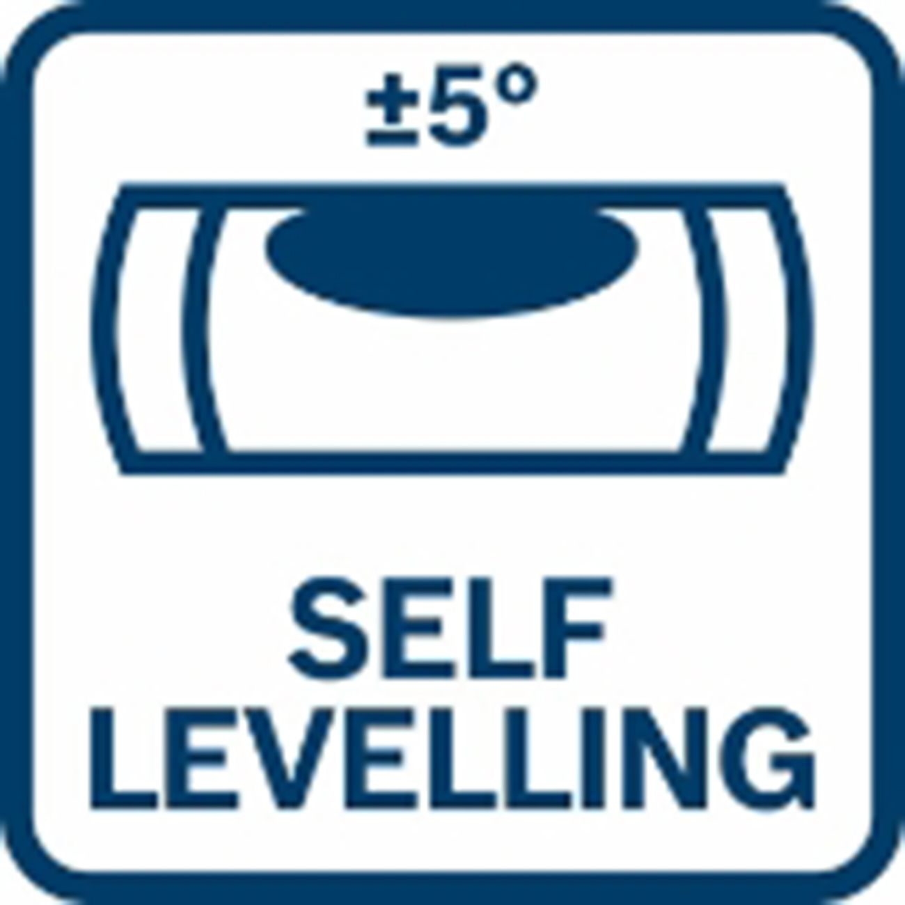 'SELF LEVELLING' yazılı mavi-beyaz kare simge. Üstte bir su terazisi sembolü ve '+5°' içerir.