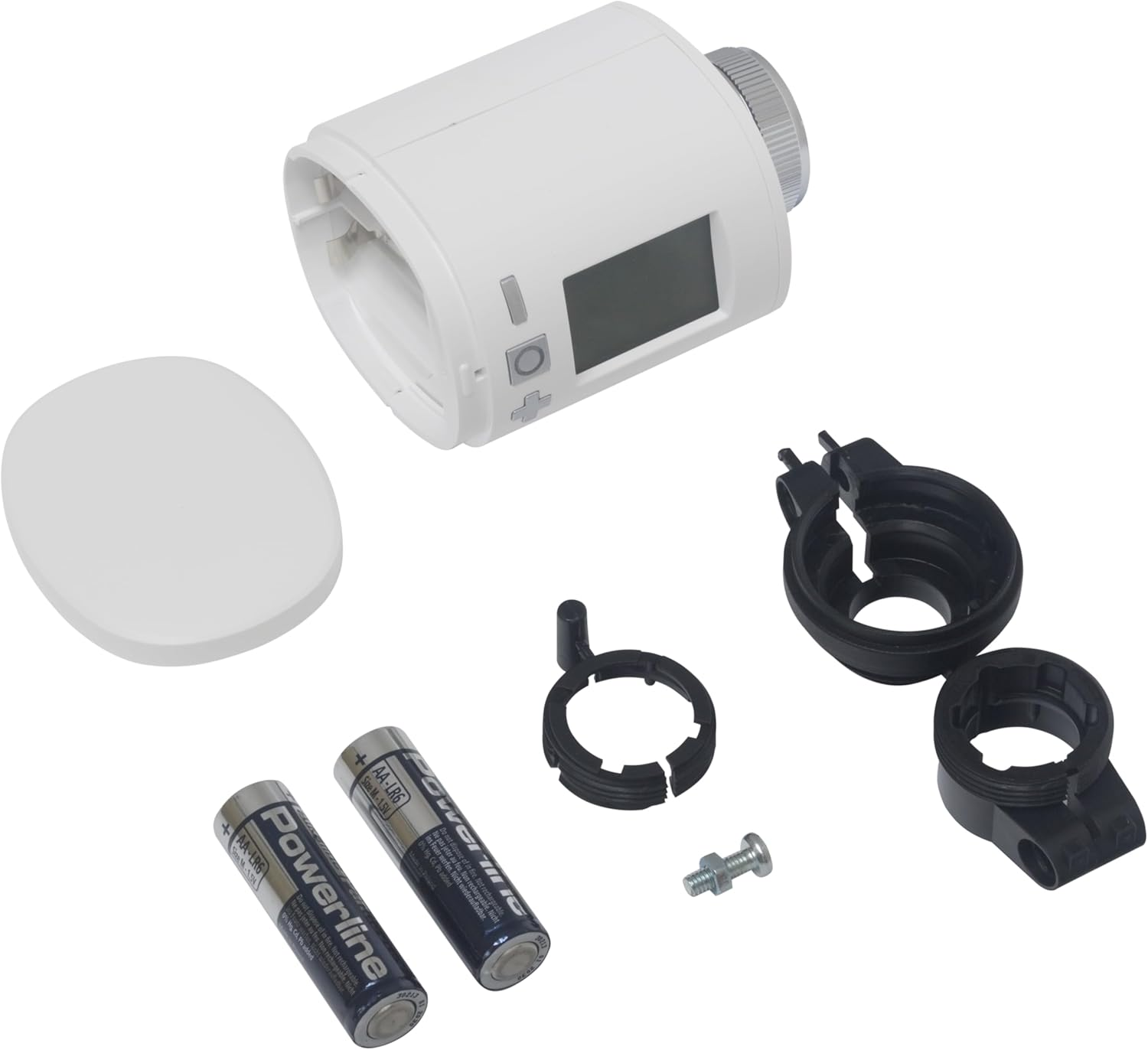 Ein zerlegtes weißes Thermostat mit Bildschirm, zwei AA-Batterien und schwarzen Montageteilen werden auf weißem Untergrund gezeigt.