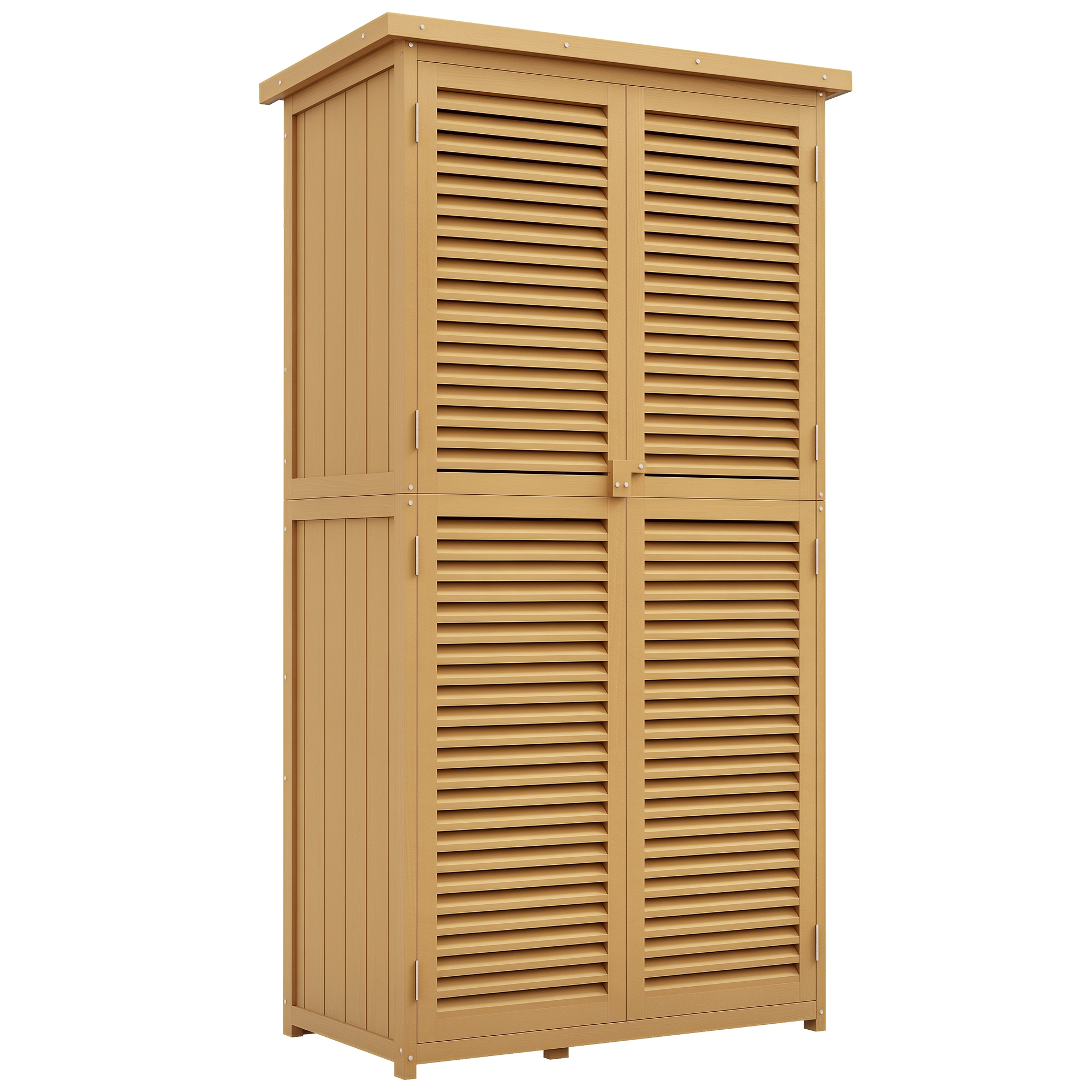 Un mobile in legno marrone chiaro con ante a persiana. Ha una forma rettangolare e si trova su sfondo bianco.