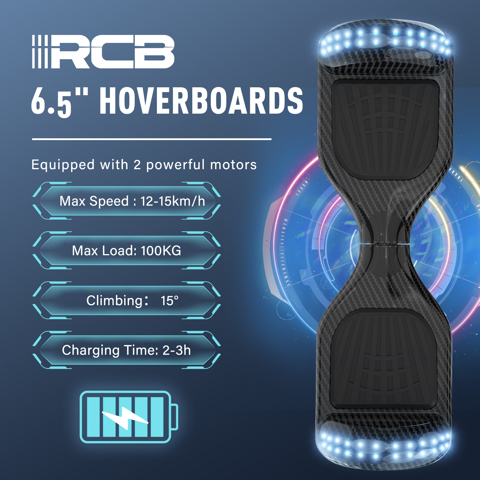 Hoverboard negro con luces LED. Especificaciones: vel. máx. 12-15km/h, carga máx. 100KG, subida 15°, tiempo de carga 2-3h.