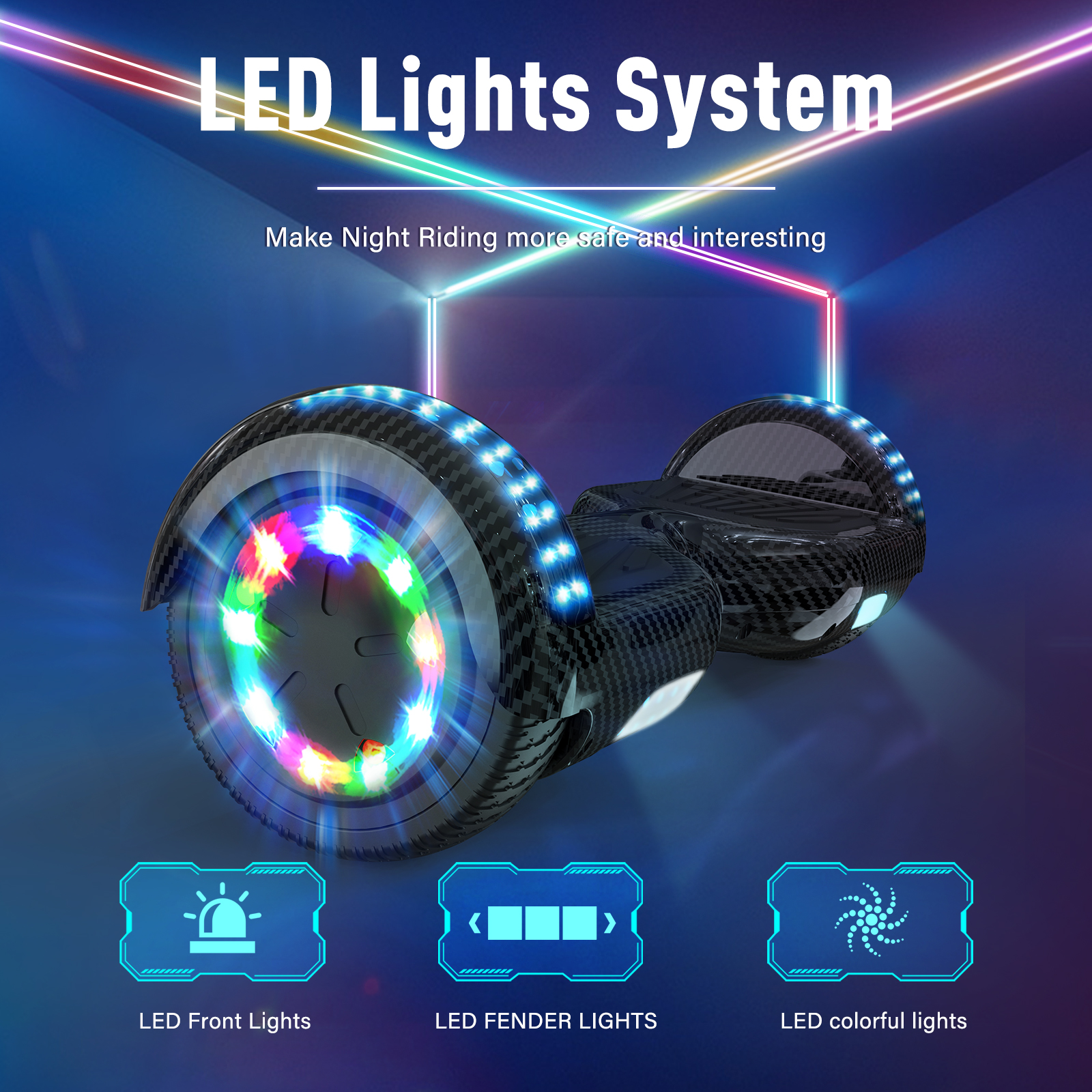 Se muestra un hoverboard con luces LED, incluidas luces delanteras, de guardabarros y coloridas. El fondo es azul oscuro.
