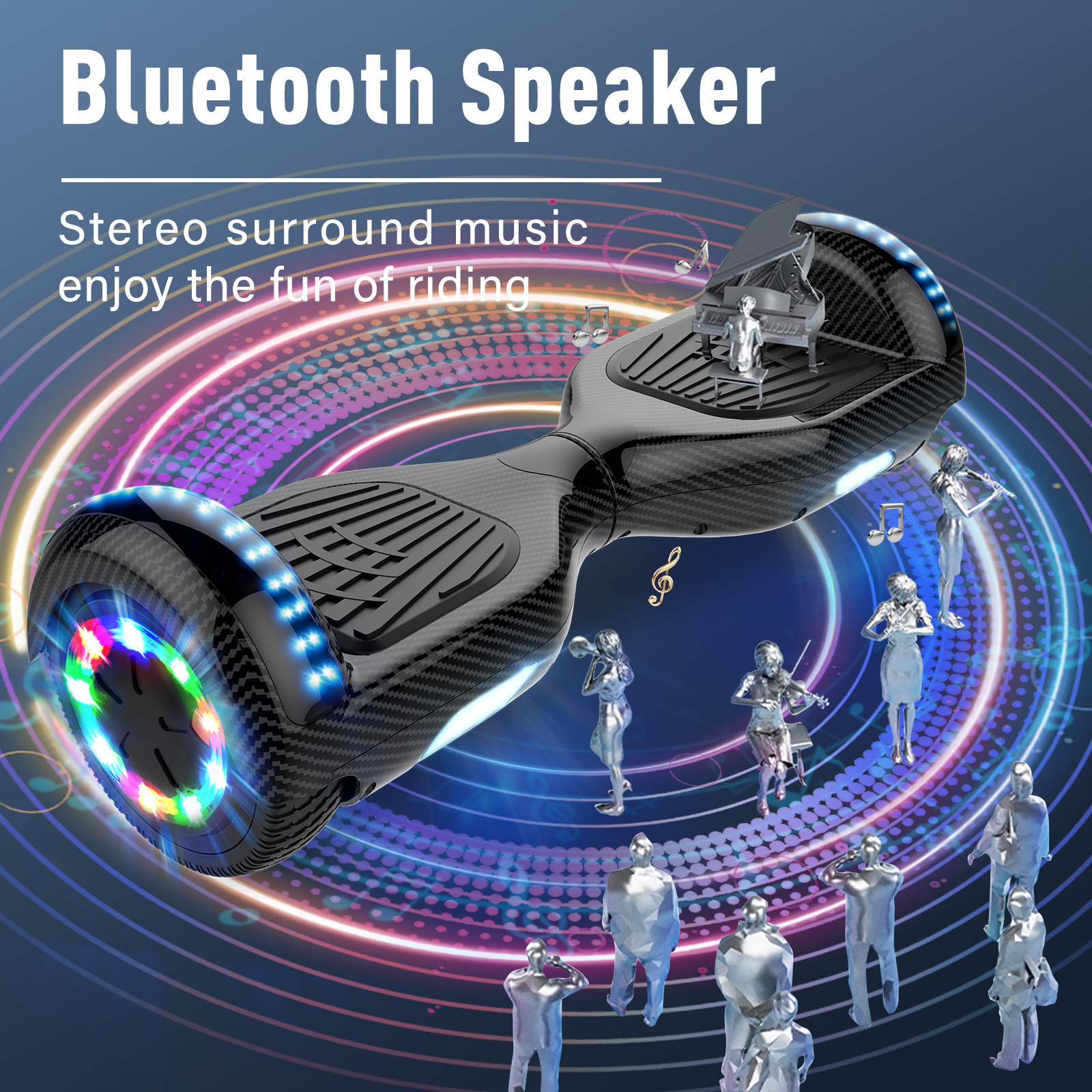 Hoverboard con altavoz Bluetooth y luces de colores. Figuras plateadas tocan música a su alrededor. El texto dice 'Música envolvente estéreo'.