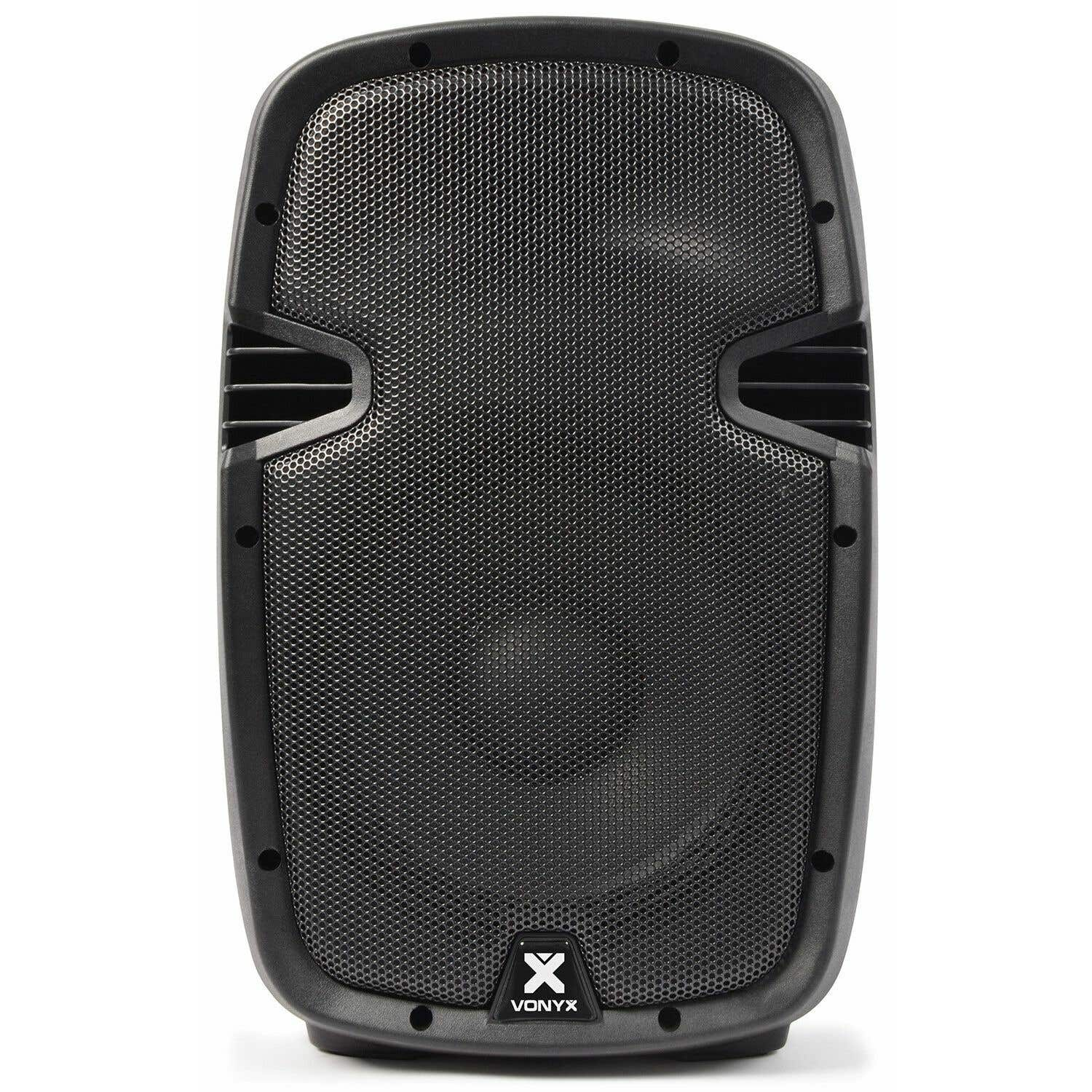 Un altavoz negro con una rejilla frontal. El altavoz tiene forma rectangular con bordes redondeados y el logotipo Vonyx en la parte inferior.