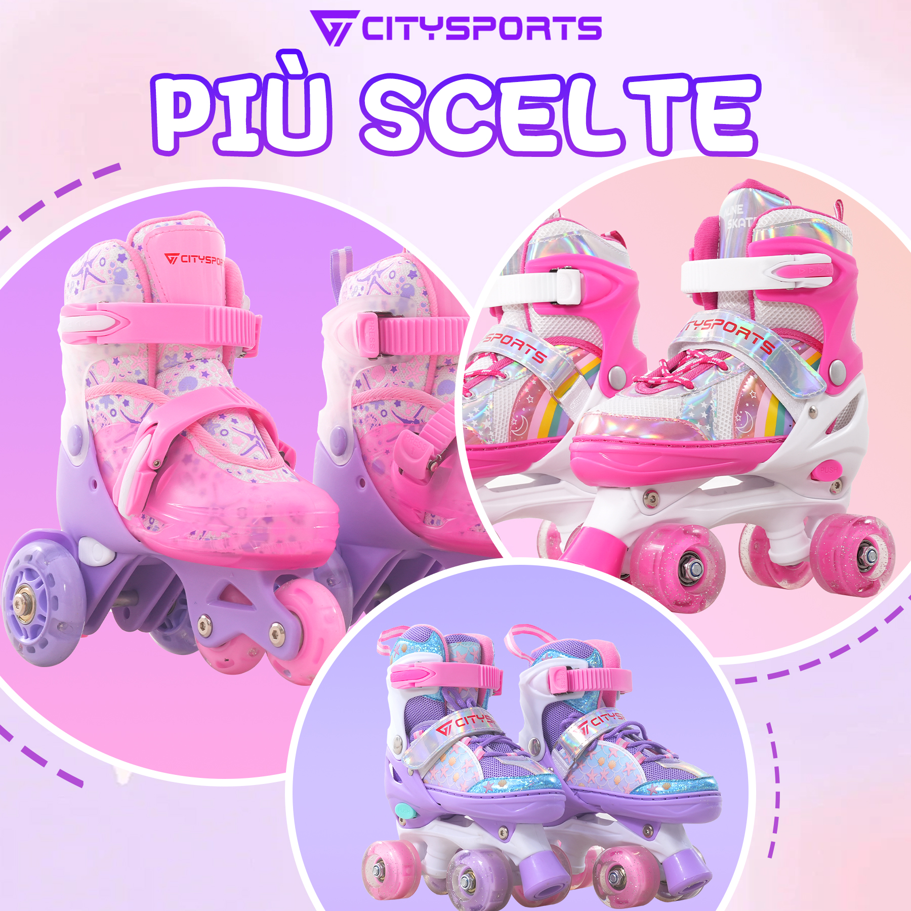 L'immagine mostra diverse paia di pattini a rotelle colorati. Pattini rosa, viola e bianchi con vari disegni sono esposti su uno sfondo sfumato.