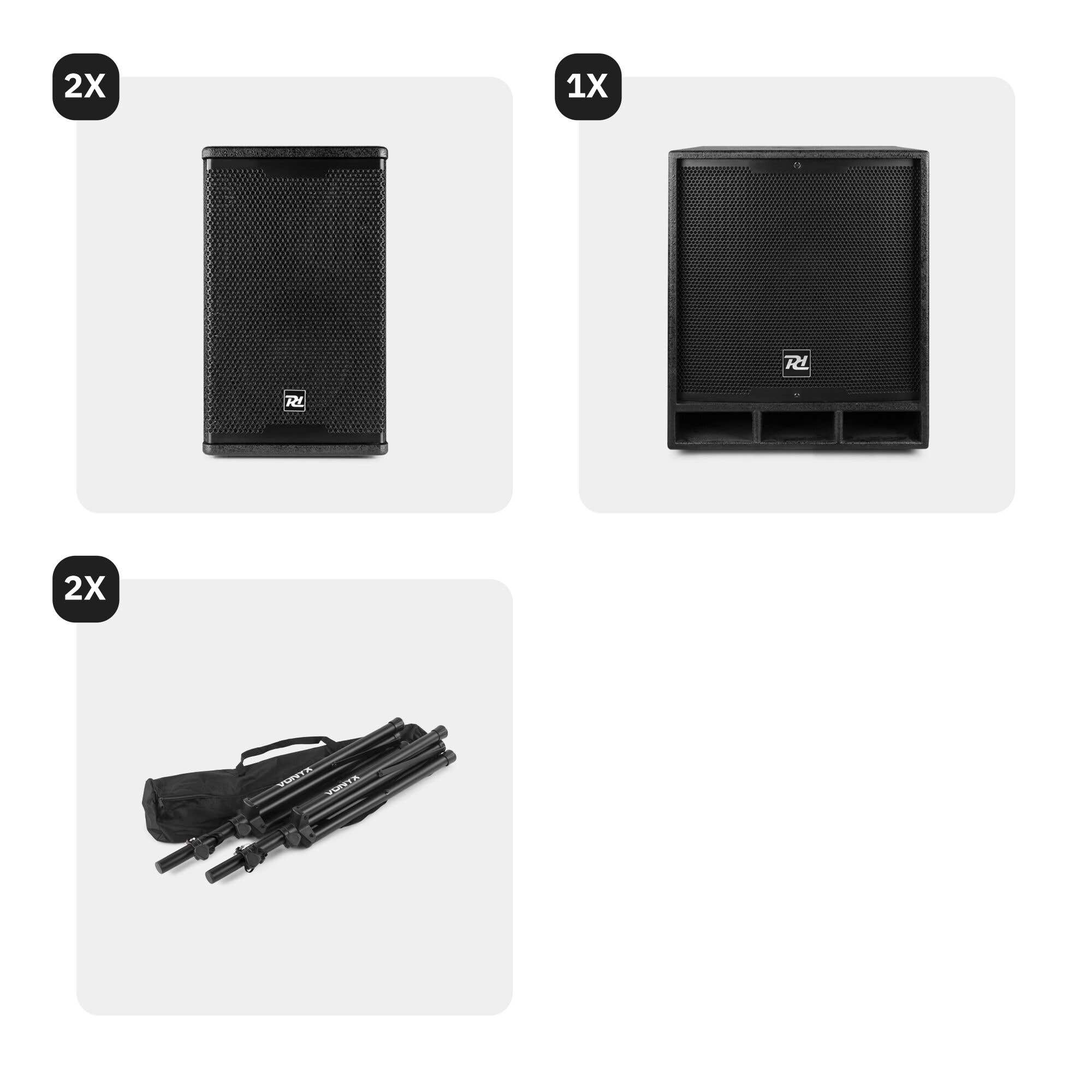 La imagen muestra tres elementos: dos altavoces negros, un subwoofer grande y dos soportes para altavoces en una bolsa negra.