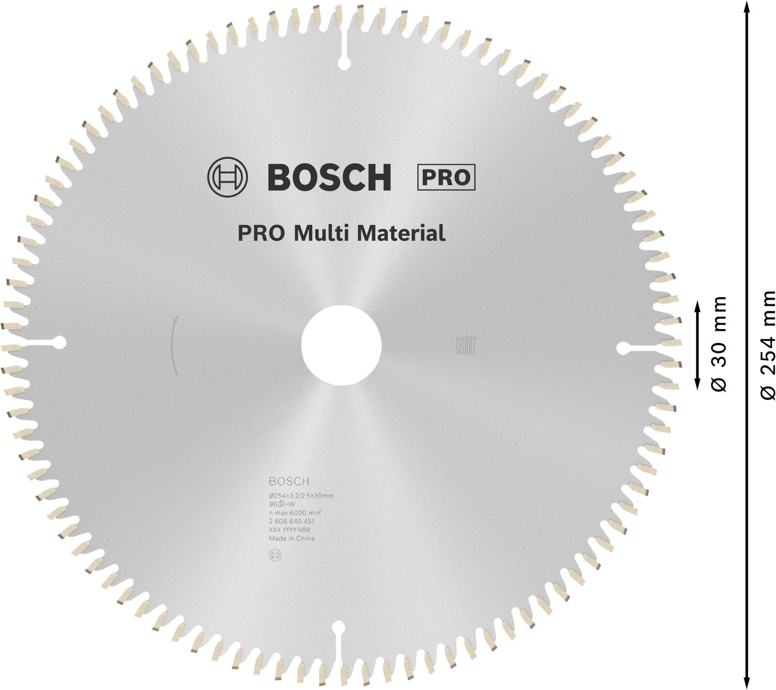 Bosch Pro logosu ve PRO Multi Material yazısı bulunan dairesel bir testere bıçağı. Boyutlar listelenmiştir. Bıçağın kenarında dişler vardır.