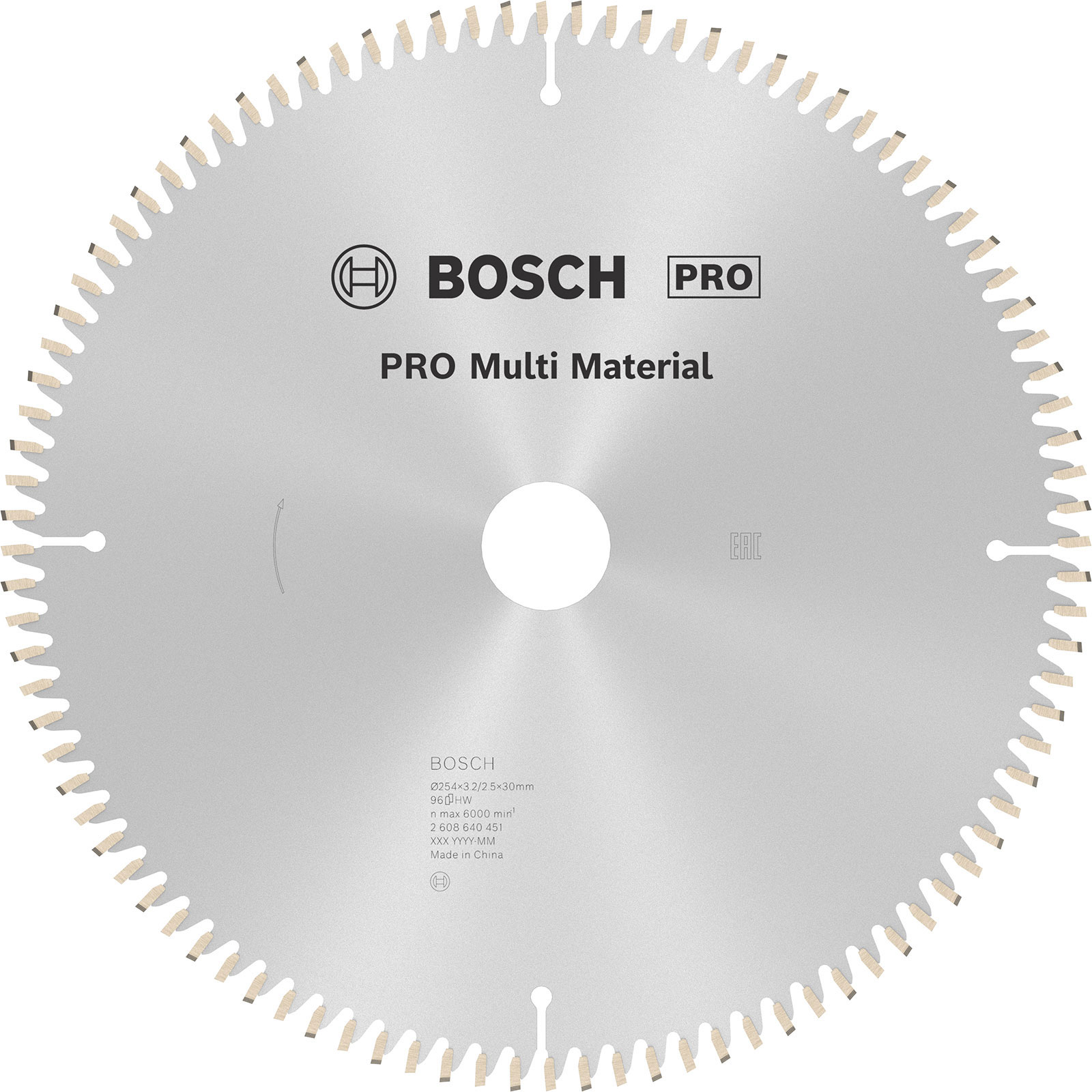 Bosch logosu ve 'PRO Multi Material' yazısı olan bir daire testere bıçağı. Bıçağın kenarında dişler var.