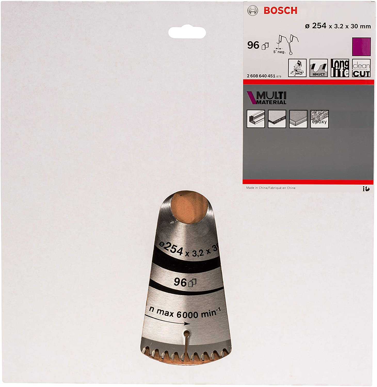 Boyut, 'Multi Material' ve 'Long Life Cut' gibi detayların yer aldığı bir Bosch testere bıçağı paketi. Bıçak altta görülebilir.