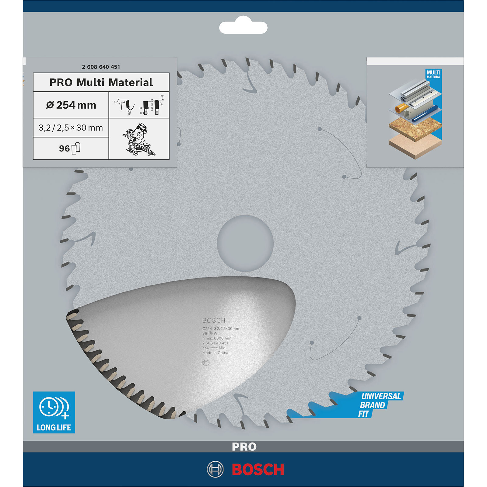 Bosch logolu bir daire testere bıçağı. 'PRO Multi Material' olarak etiketlenmiş ve teknik özellikler ve bir kesim şeması vardır.