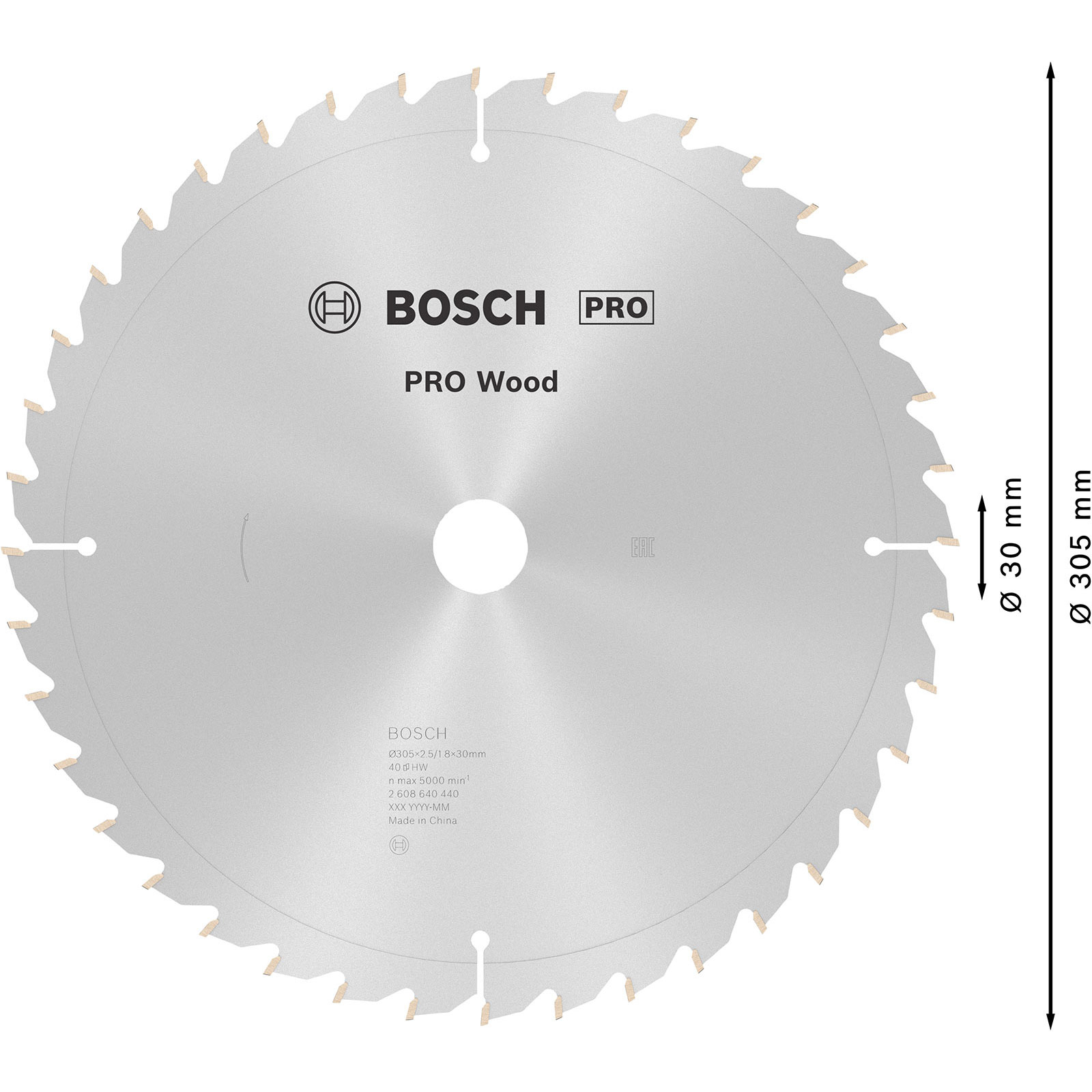 Bosch Pro Wood etiketli dairesel bir testere bıçağı. Kenarında dişleri vardır ve boyutlar sağda görüntülenir.