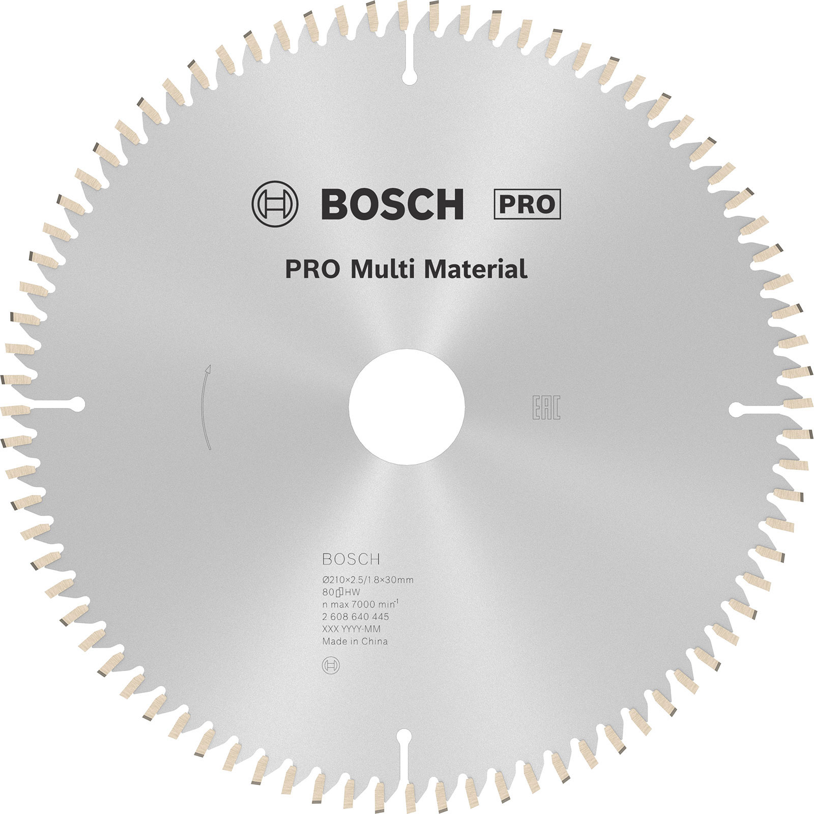 Çok malzemeli kullanım için dişli, BOSCH PRO markalı bir daire testere bıçağı. Gri ve gümüş renkler görülüyor.