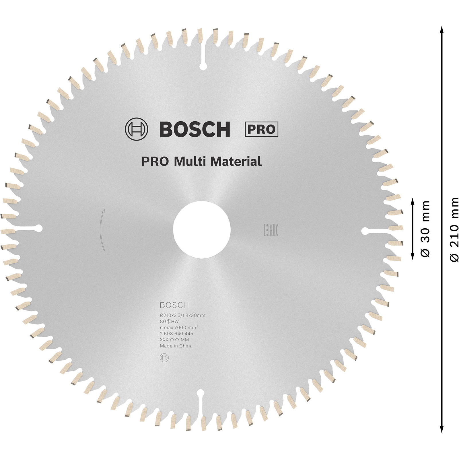 Dişleri olan dairesel bir testere bıçağı, Bosch Pro logosu ve boyutları. Gri renkte, beyaz bir merkezi var.