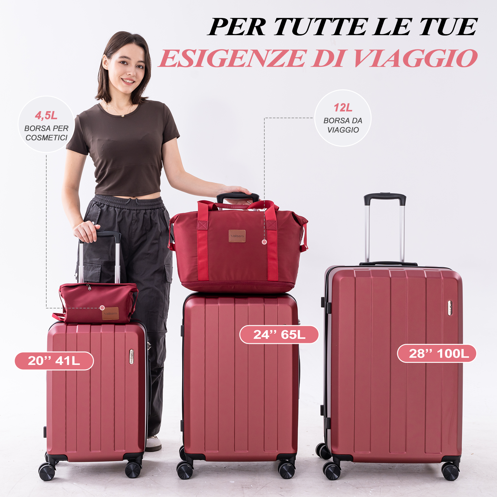 Donna con set di bagagli. Include un beauty case, una borsa da viaggio e due valigie. Tutto è rosso.