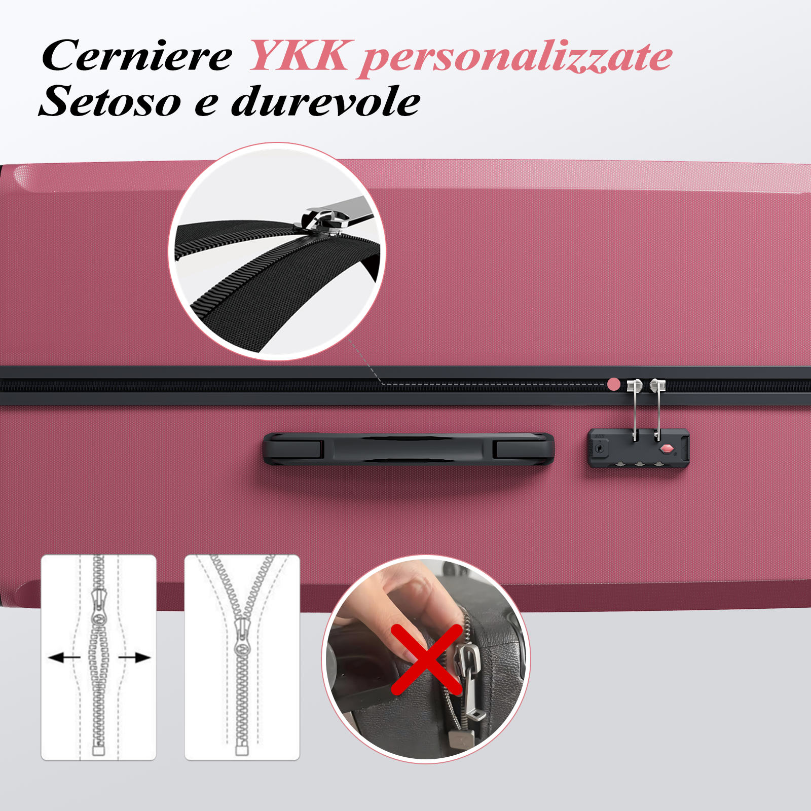 Viene mostrata una valigia con cerniera. Ha una serratura e una lente d'ingrandimento con cerniera. Testo: YKK personalizzato, Setoso e durevole.