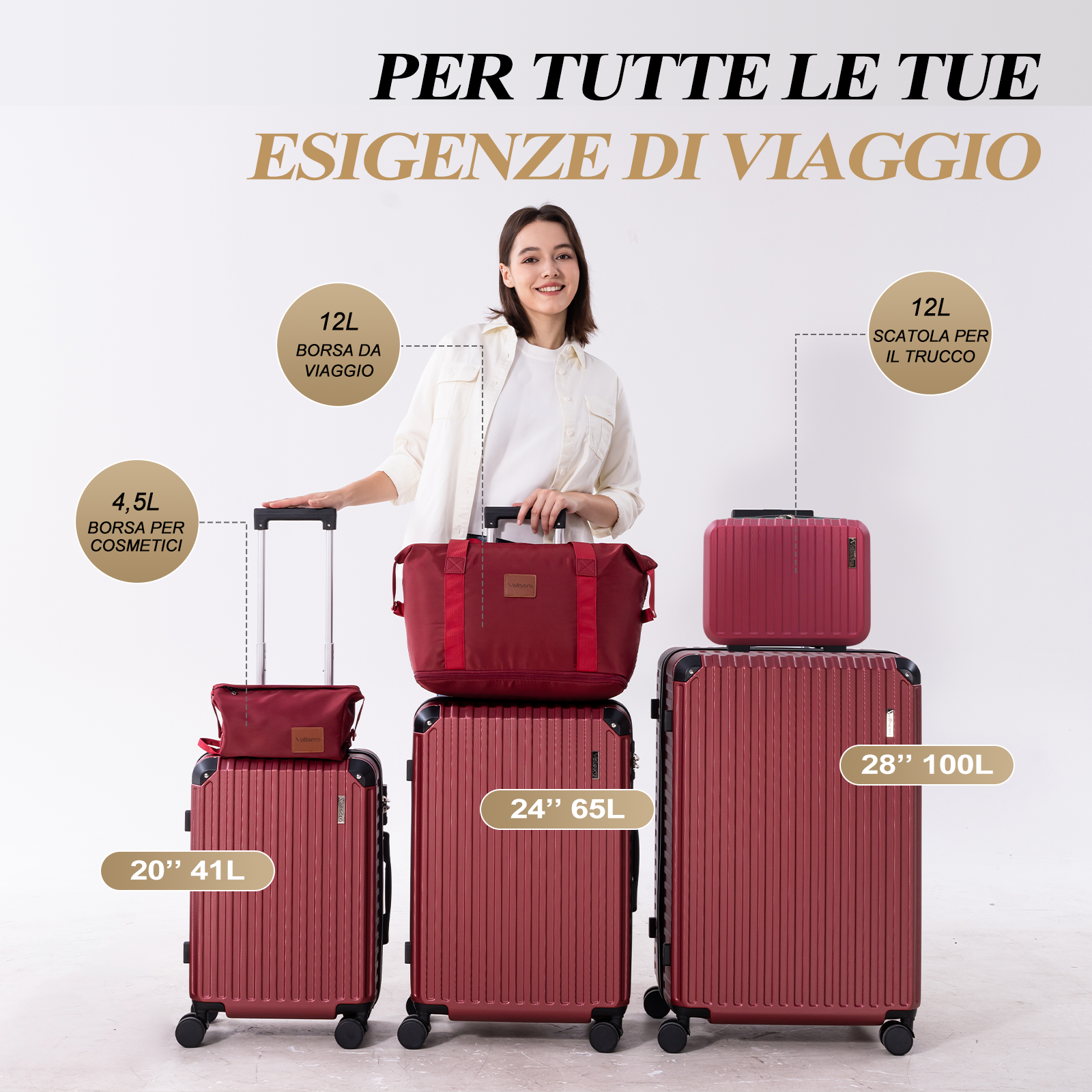 Una donna accanto a set di bagagli. Valigie rosse di varie dimensioni in mostra, con etichette di testo.