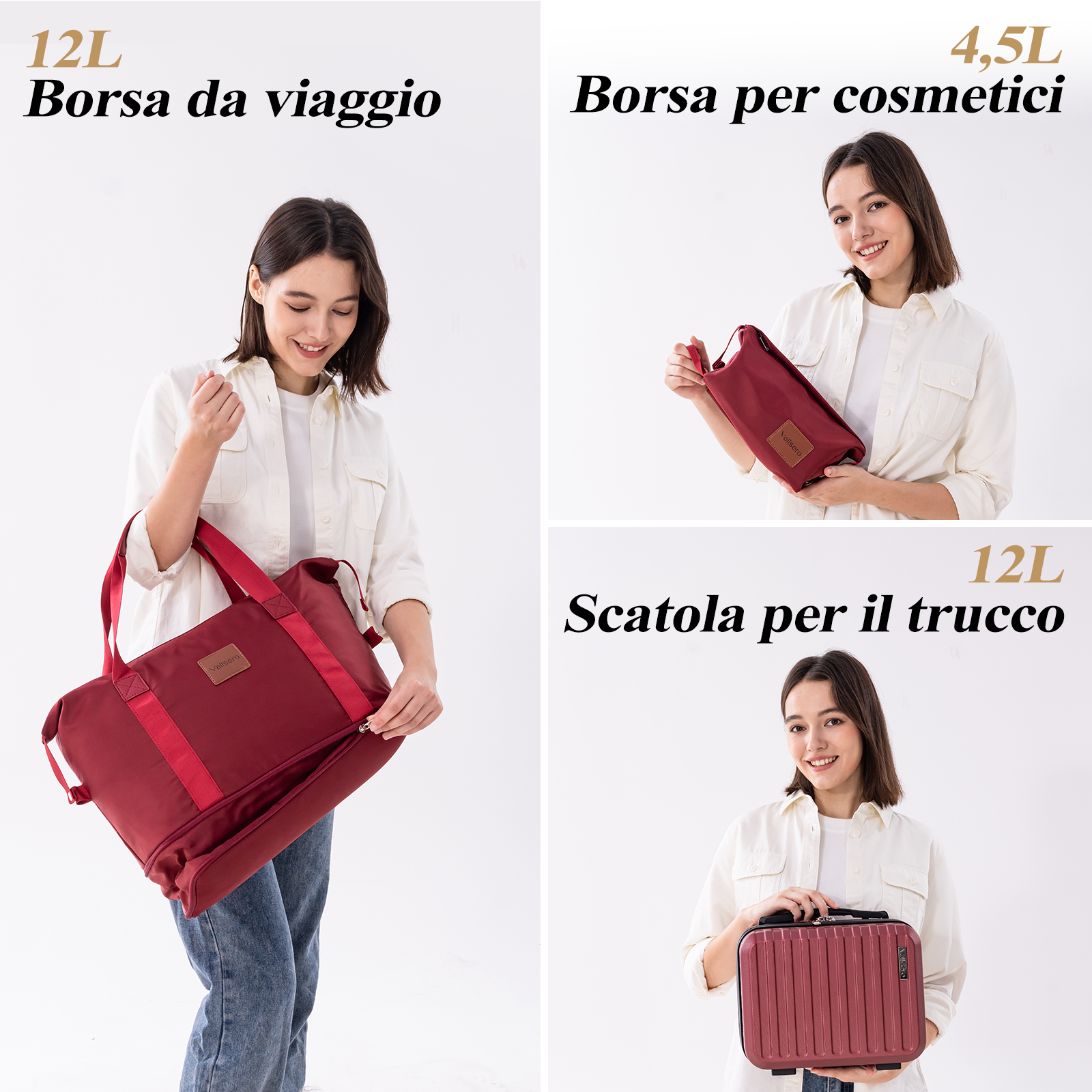 L'immagine mostra tre donne con borse: una borsa da viaggio, un beauty case e una valigetta per il trucco. Tutte le borse sono rosse.
