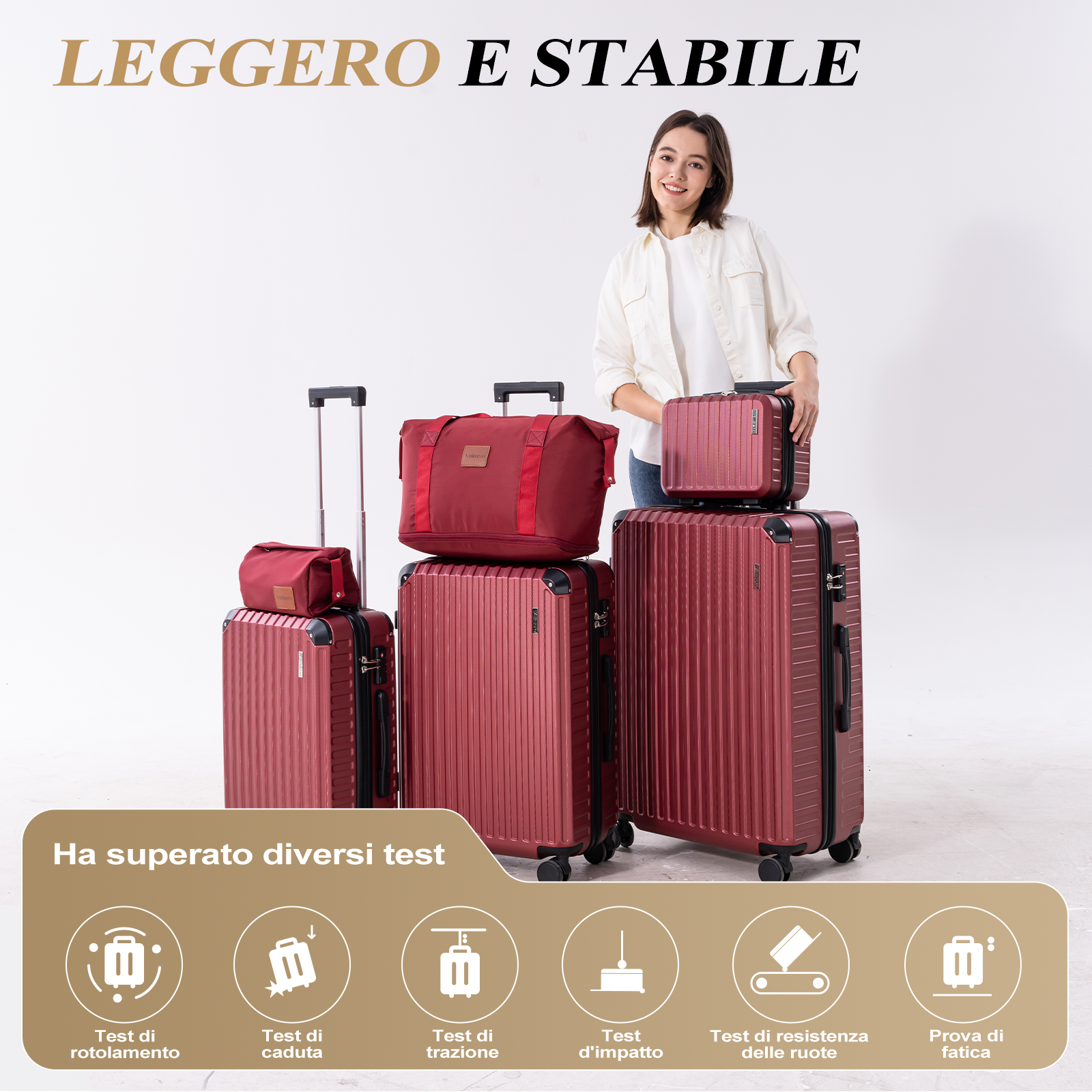 Una donna è in piedi accanto a bagagli rossi. I bagagli includono valigie e una borsa. I test sono mostrati sotto.