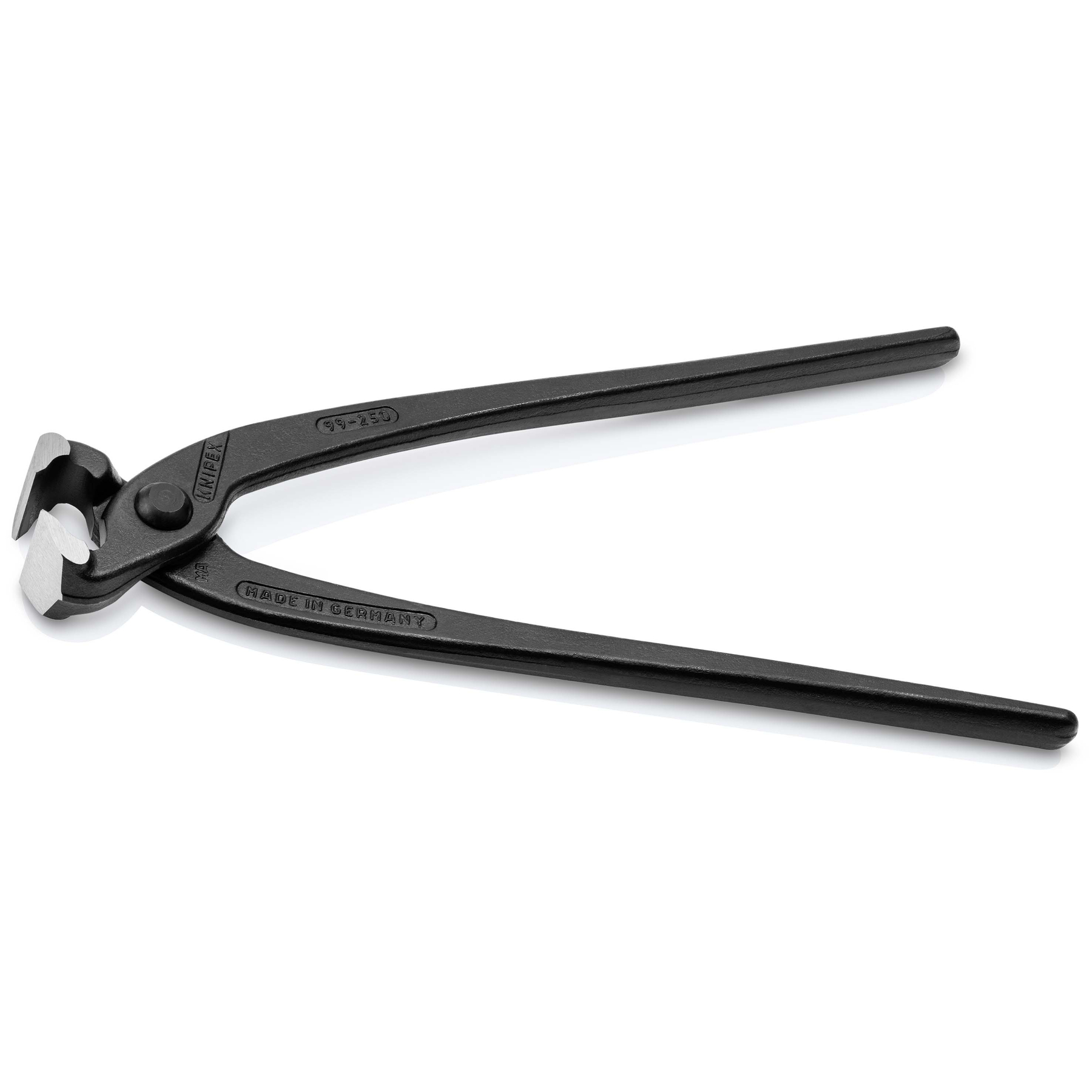 Czarne obcęgi kowalskie Knipex na białym tle. Obcęgi są otwarte, ukazując krawędzie tnące i nazwę marki.