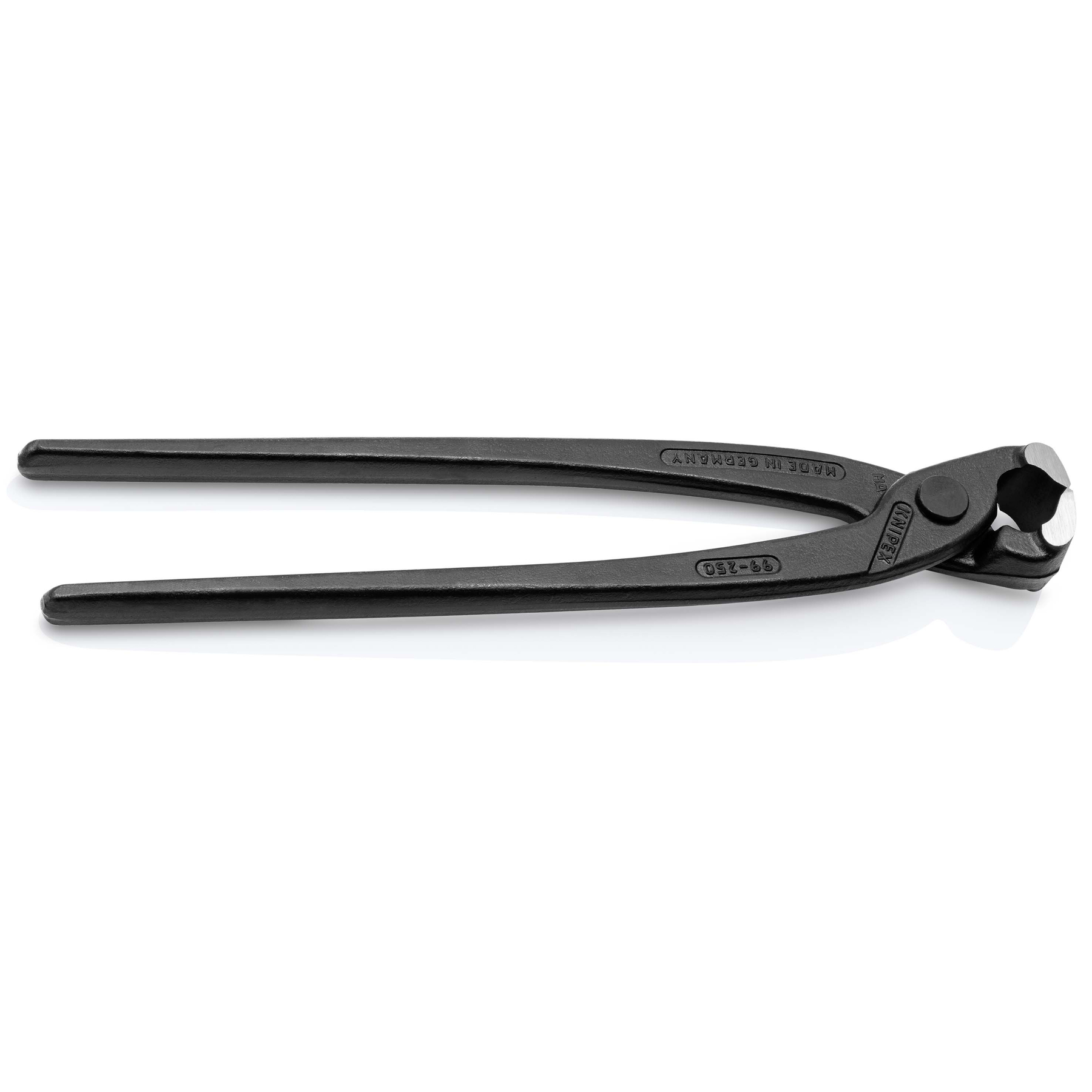 Czarne nożyce Knipex na białej powierzchni. Nożyce są otwarte, pokazując krawędzie tnące i uchwyt. Made in Germany.