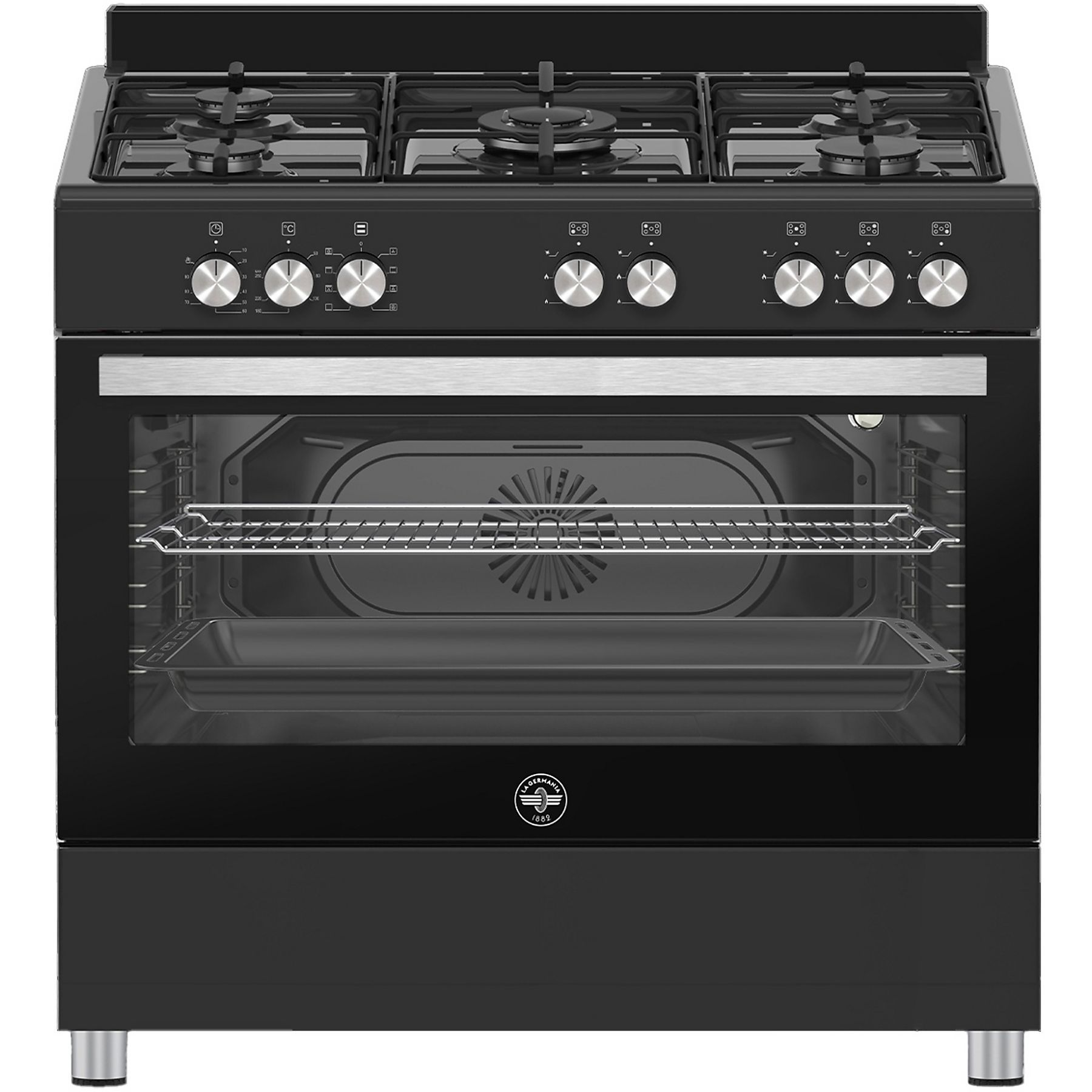 Forno nero con bruciatori a gas sopra. Porta del forno aperta, con griglie e vassoio. Manopole e piedi argentati.