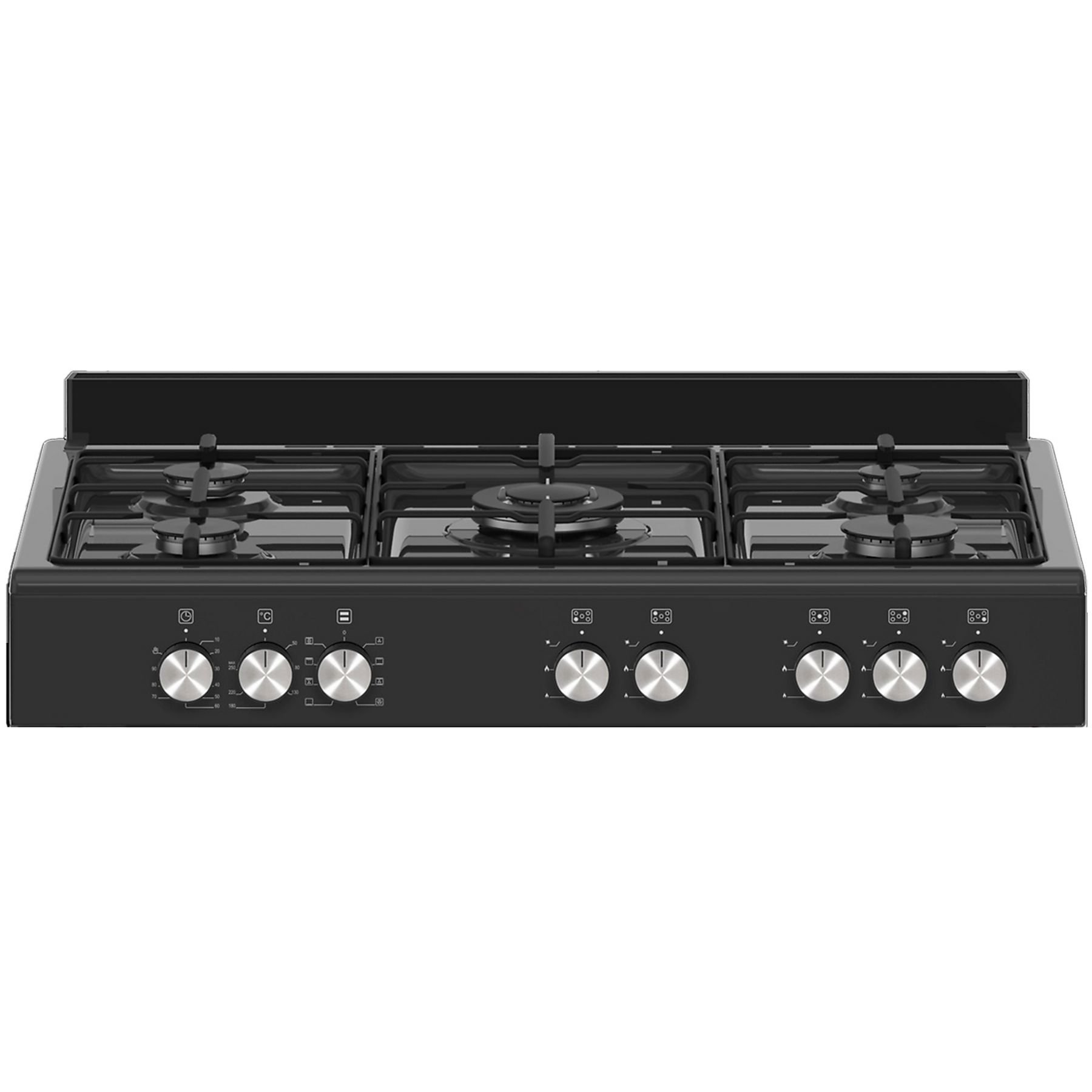 Un piano cottura a gas nero con cinque bruciatori e manopole argentate. Ha una forma rettangolare e finitura in acciaio inox.
