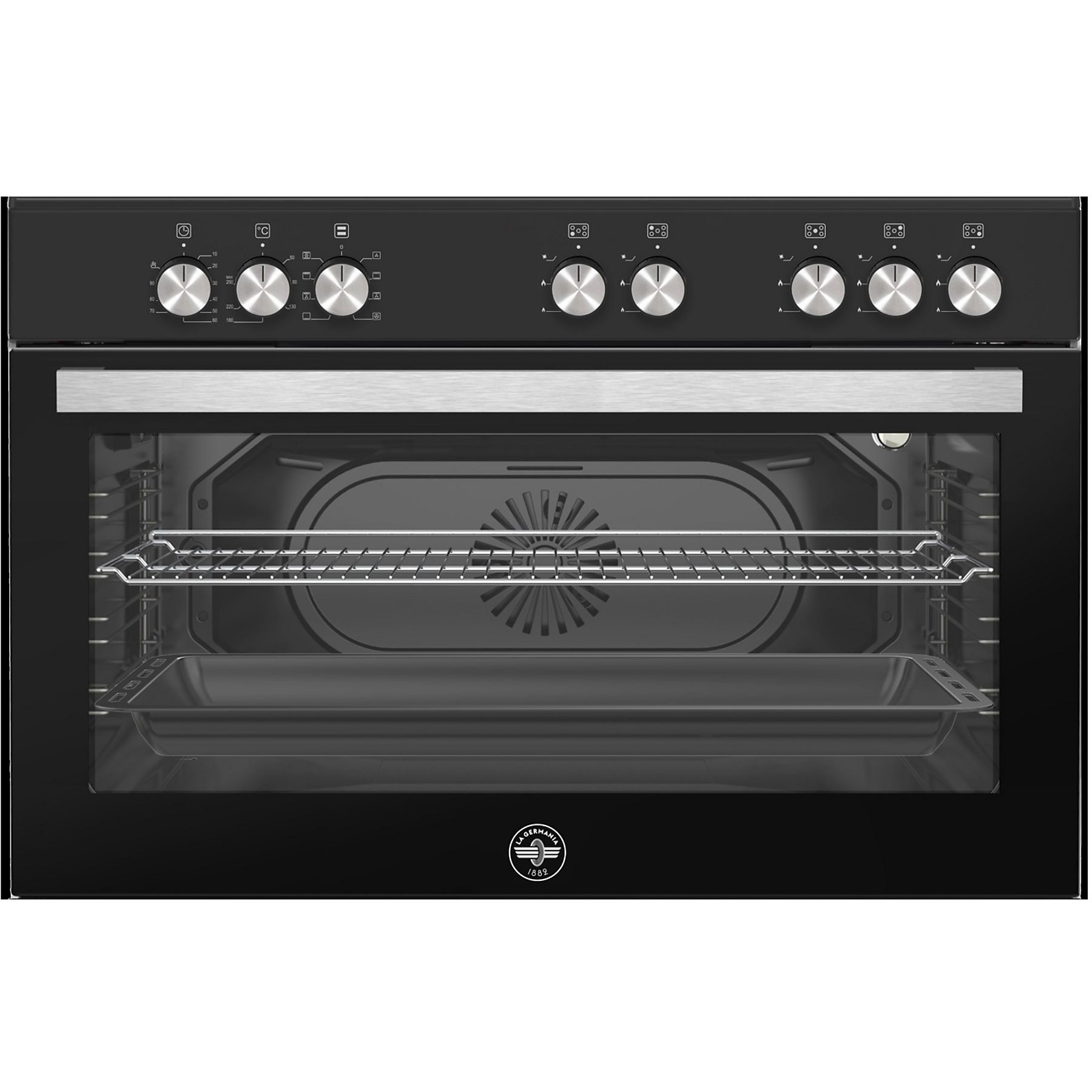 Un forno nero con manopole argentate e porta in vetro. All'interno, un vassoio e una griglia. Il logo del marchio in basso.