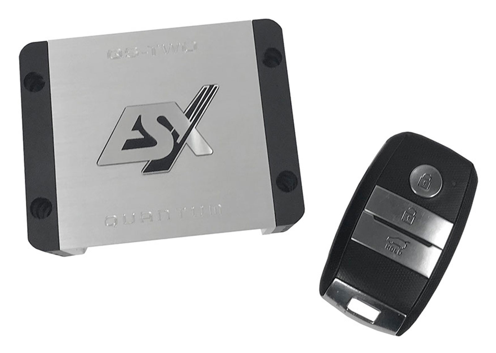 Ein silbernes Autoteil mit 'ASX'-Logo und ein schwarzer Autoschlüssel auf weißem Hintergrund.