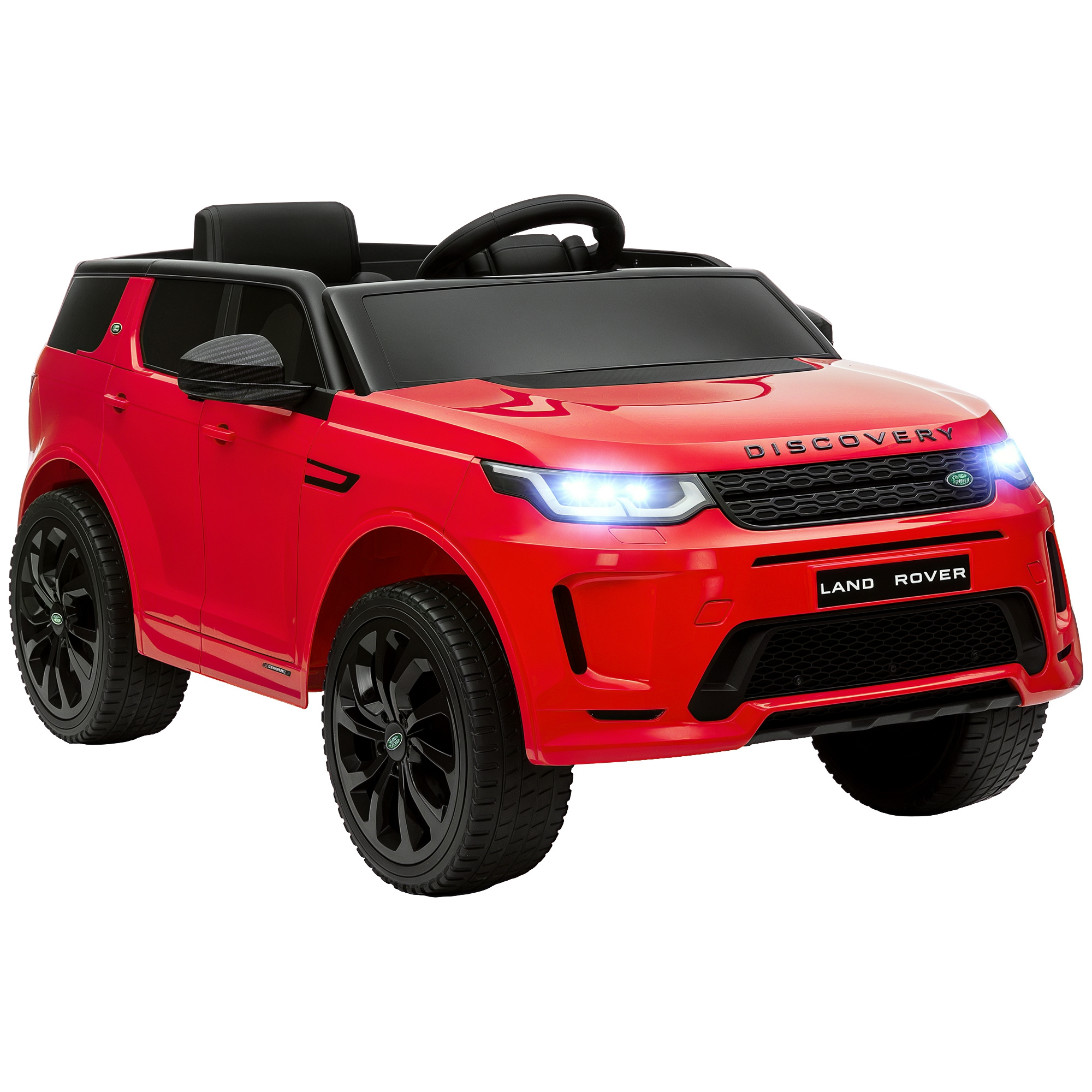 Un'auto giocattolo Land Rover rossa con ruote e dettagli neri. Ha fari funzionanti.