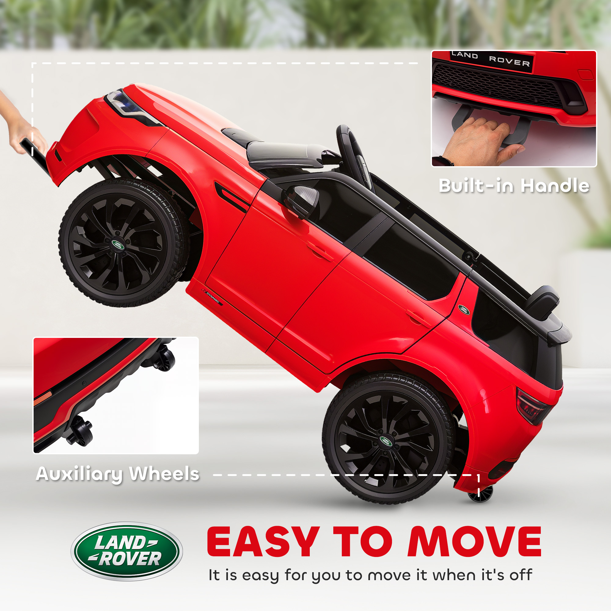 Auto giocattolo Land Rover rossa con ruote nere e maniglia. Ruote ausiliarie mostrate. Testo: Facile da spostare.