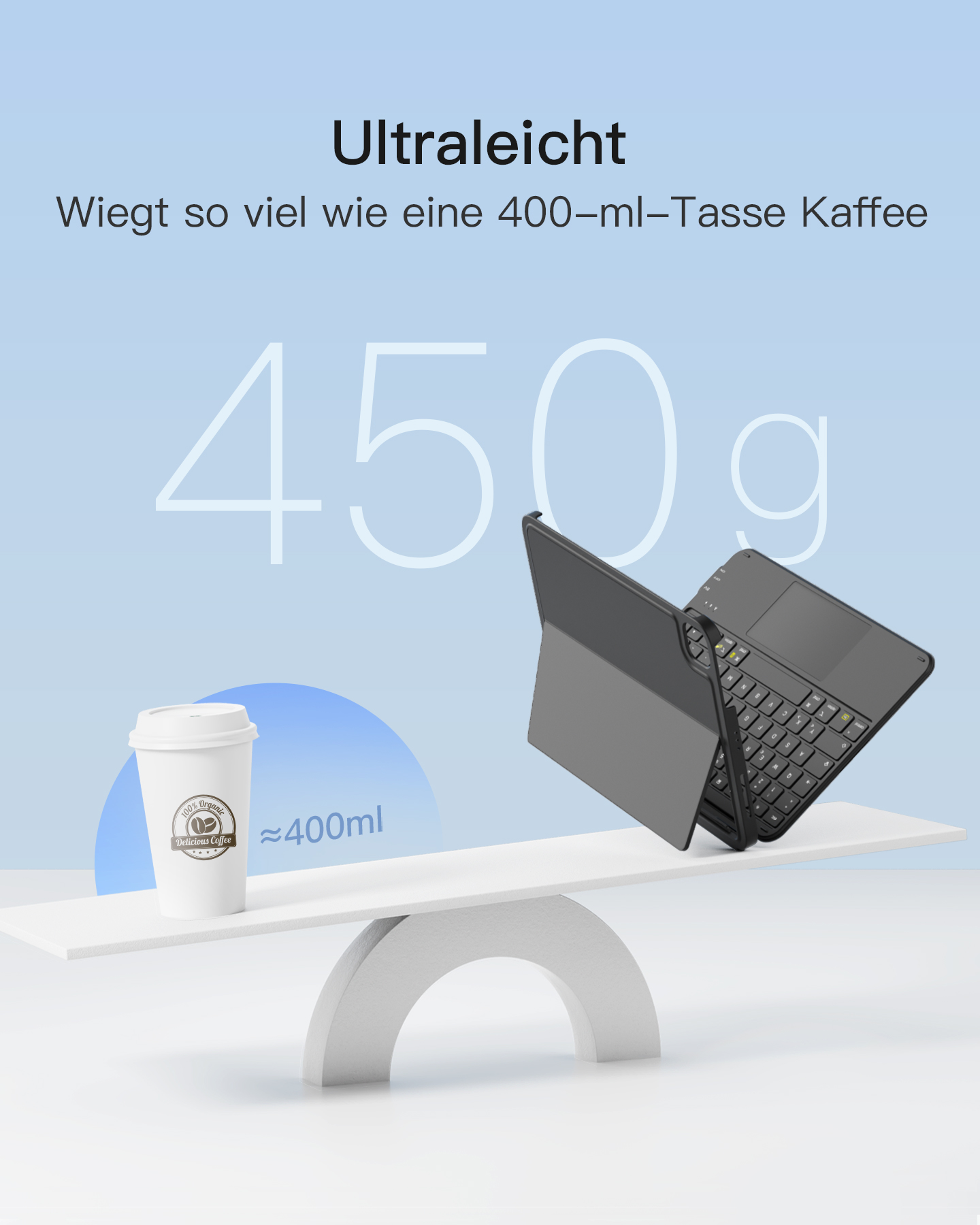 Eine Tablet-Tastatur balanciert eine Kaffeetasse auf einer Waage. Text zeigt 450g Gewicht, vergleichbar mit 400ml Kaffee.