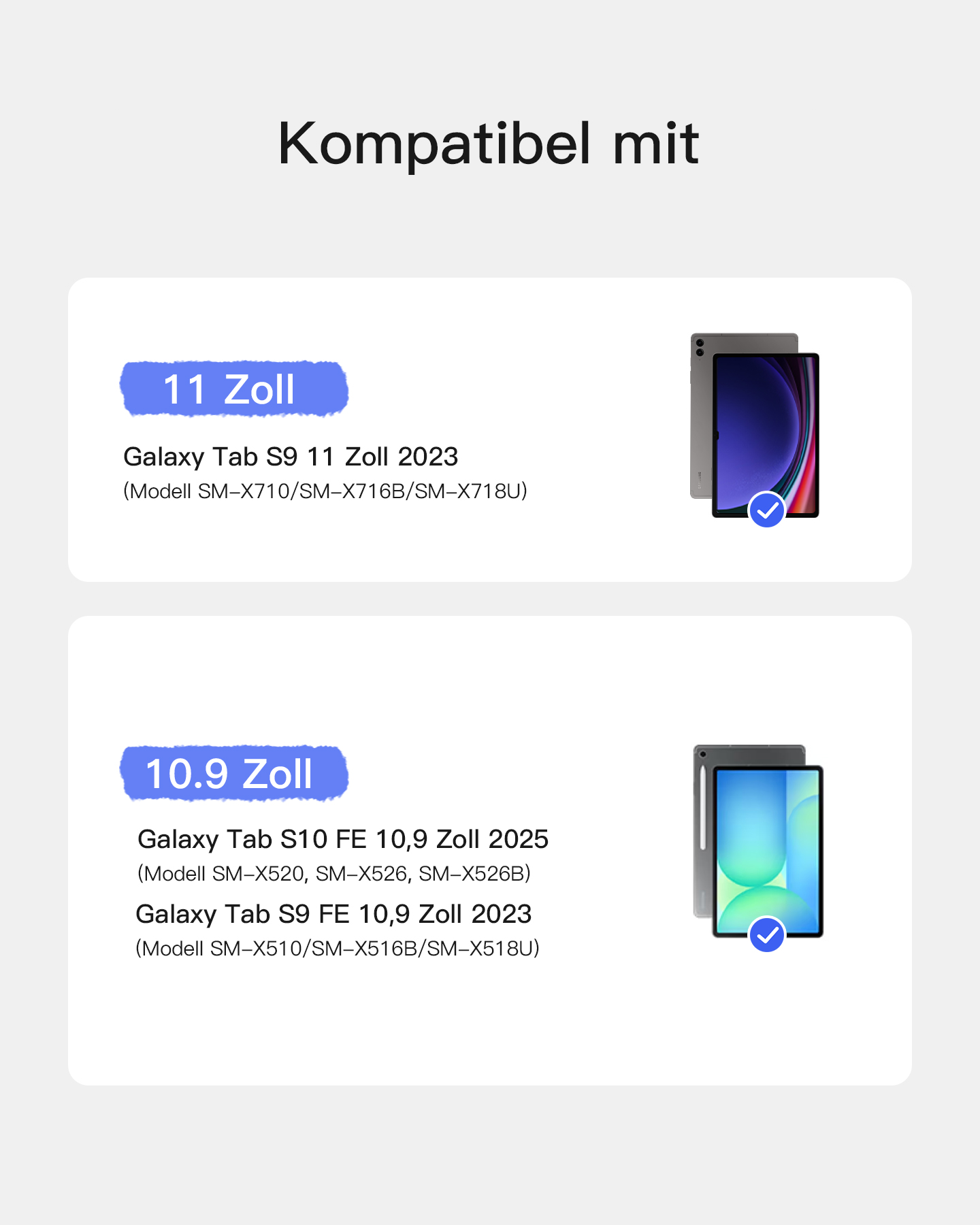 Das Bild zeigt Tablets. Text enthält 'Kompatibel mit', '11 Zoll', 'Galaxy Tab S9' und '10,9 Zoll', 'Galaxy Tab S10 FE' Modelle.