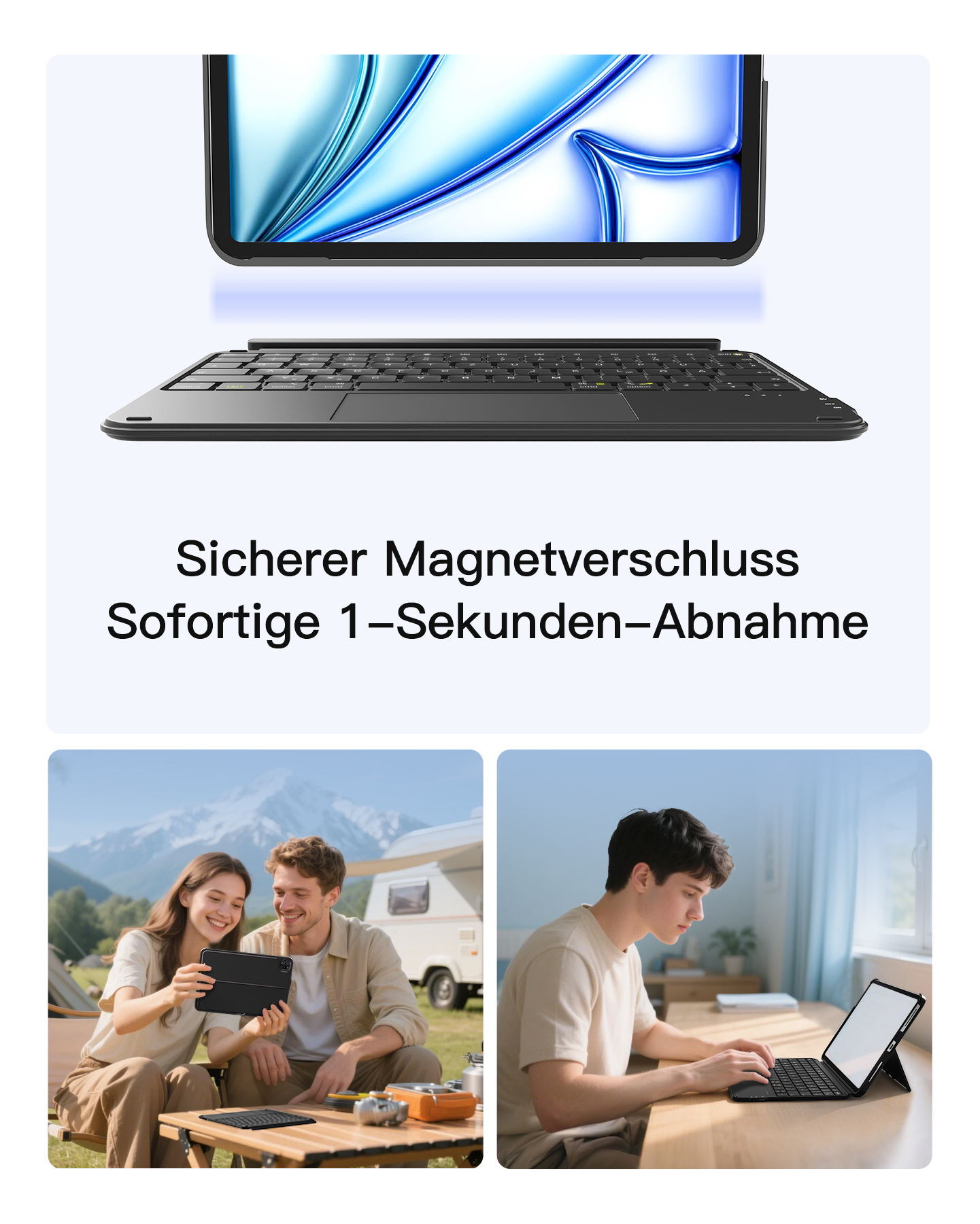 Ein Tablet mit Tastatur wird gezeigt. Zwei Personen benutzen das Tablet im Freien. Ein Mann benutzt das Tablet in Innenräumen.