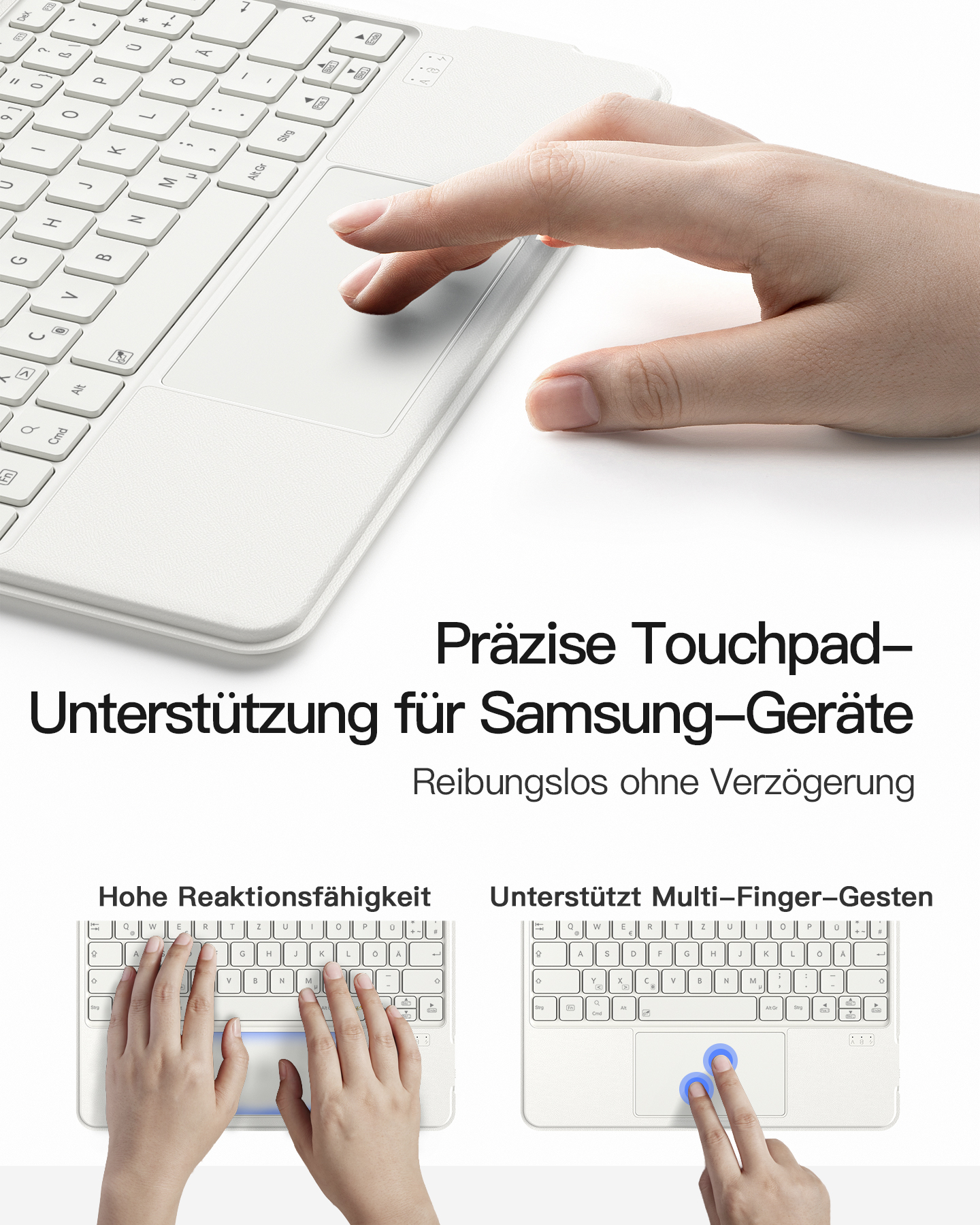 Eine Hand berührt das Touchpad einer weißen Tastatur. Darunter zeigen zwei kleinere Bilder die Tastatur mit Händen.