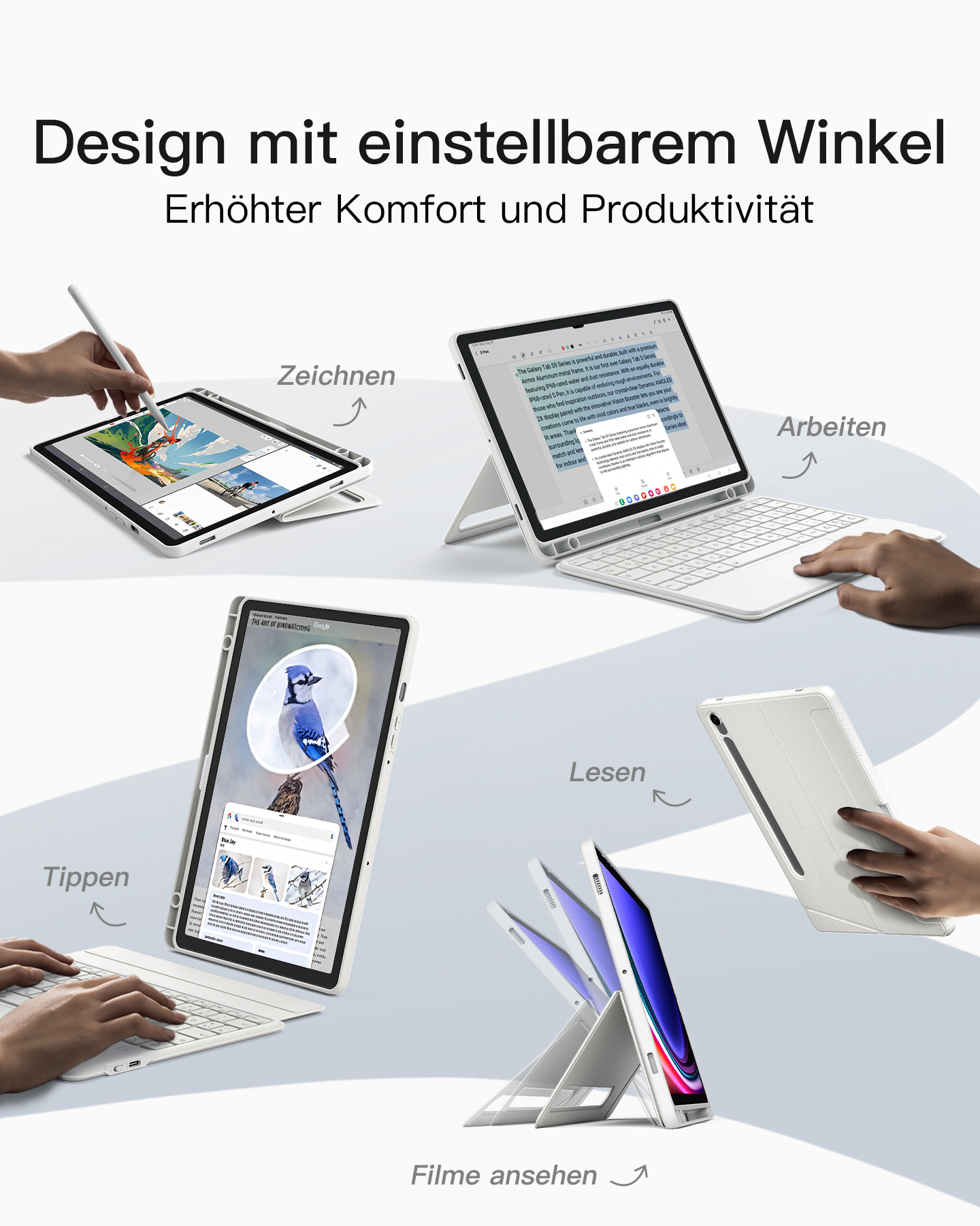 Das Bild zeigt verschiedene Verwendungen eines Tablets: Zeichnen, Tippen, Lesen und Ansehen von Videos. Mehrere Tablets werden angezeigt.