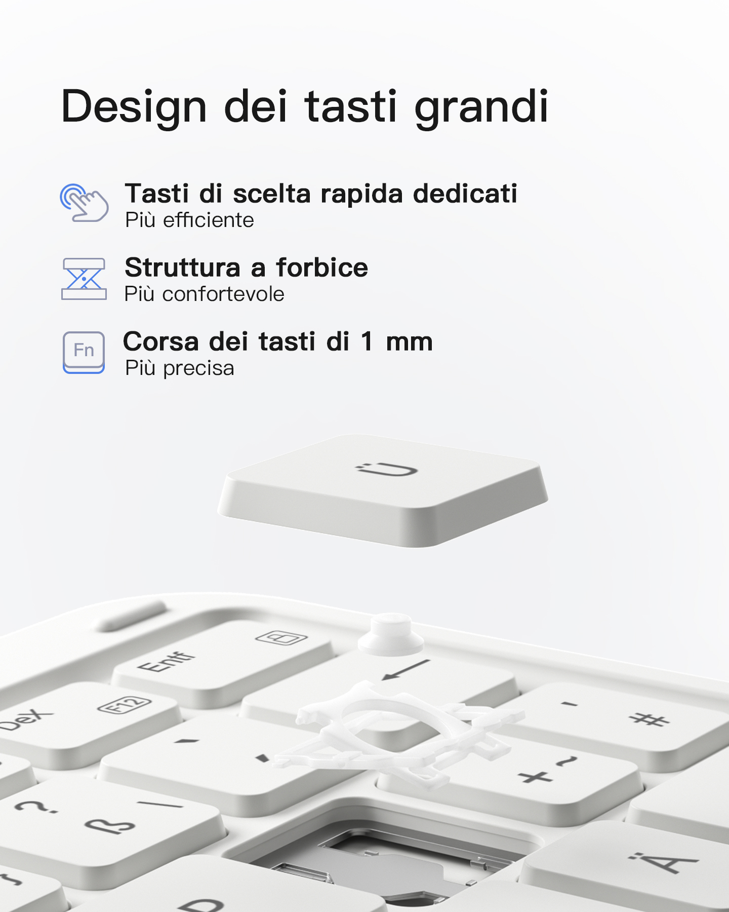 Nahaufnahme einer weißen Tastatur mit großen Tasten. Italienischer Text hebt wichtige Funktionen hervor, wie Schnellauswahltasten und Scherenstruktur.