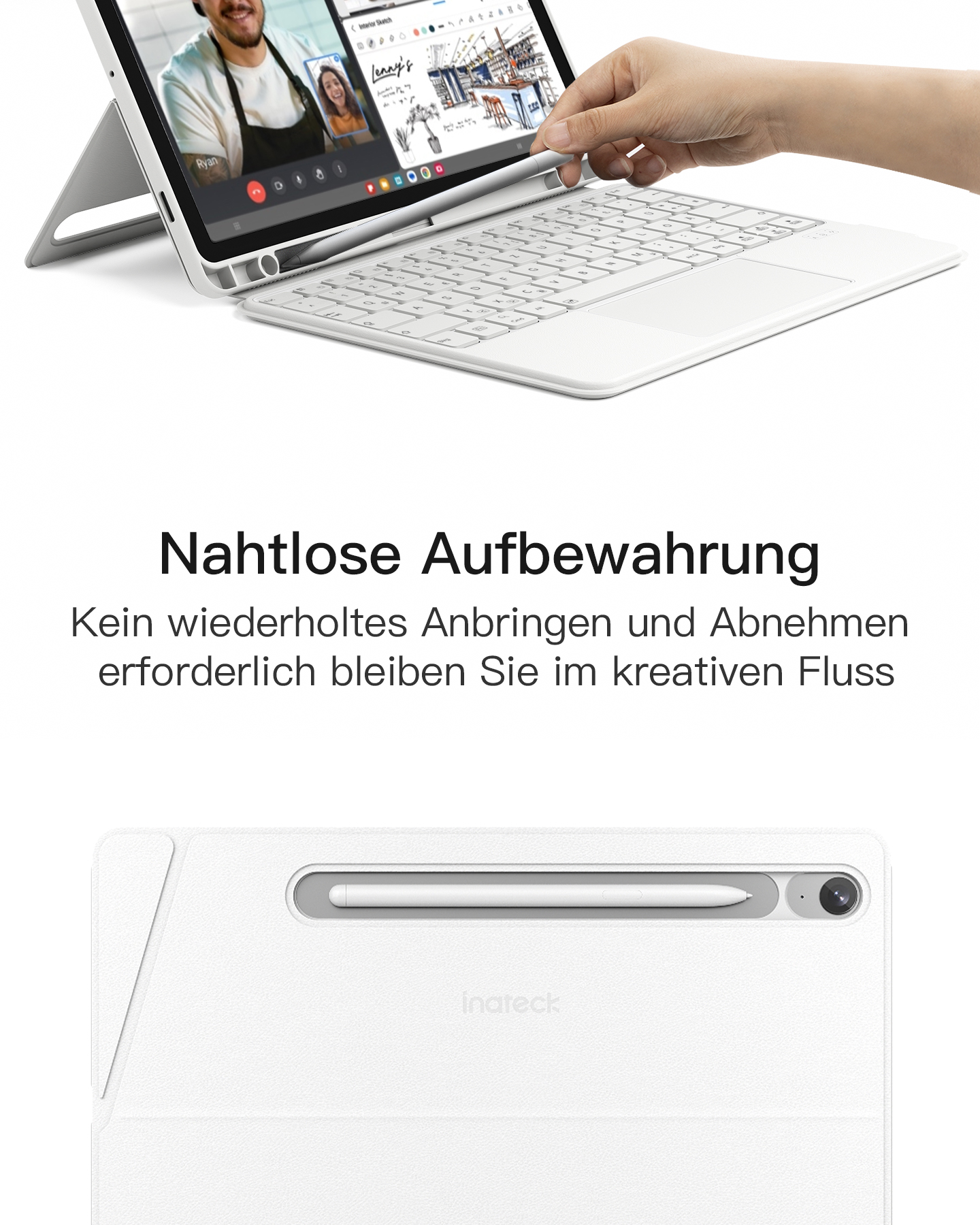 Ein weißes Tablet mit Tastatur wird mit einem Videoanruf auf dem Bildschirm gezeigt. Eine Hand hält den Stift.