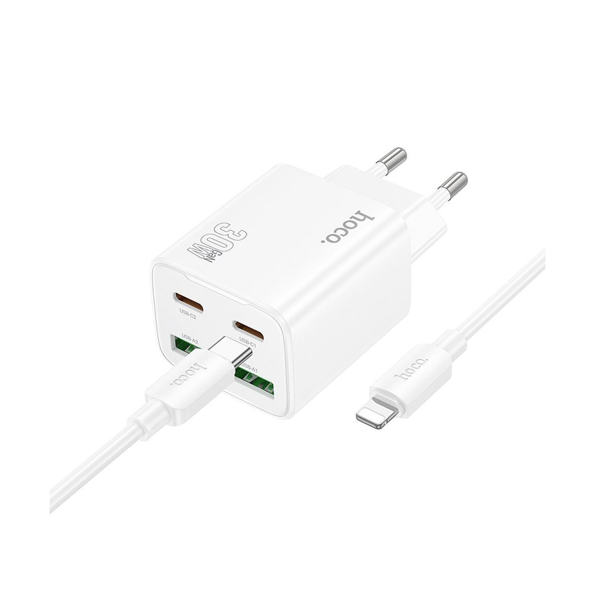 Een witte Hoco-oplader met een USB-C-kabel en een Lightning-kabel. Hij heeft meerdere poorten en 30W vermogen.