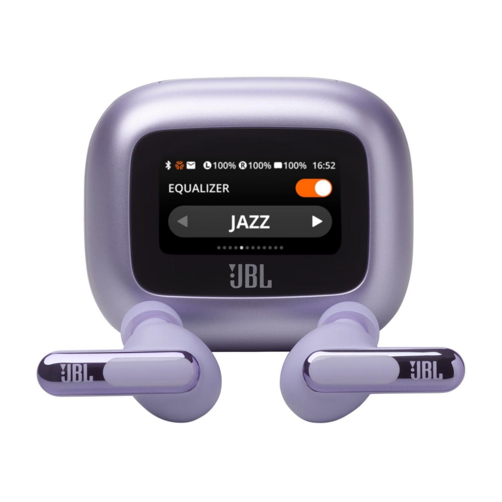 Auricolari e custodia di ricarica JBL lilla. La custodia mostra le impostazioni dell'equalizzatore 'Jazz'. Batteria al 100%.