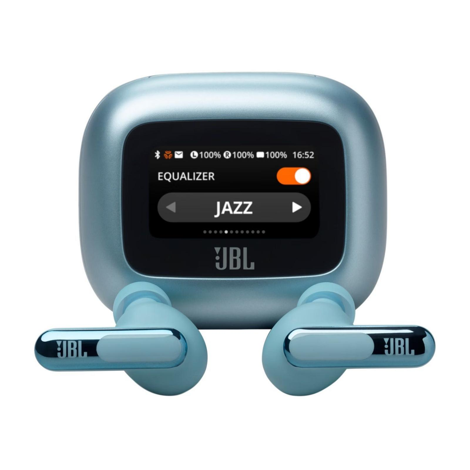 Custodia e auricolari JBL azzurri. Lo schermo mostra le impostazioni dell'equalizzatore 'Jazz'. Il logo JBL è visibile.